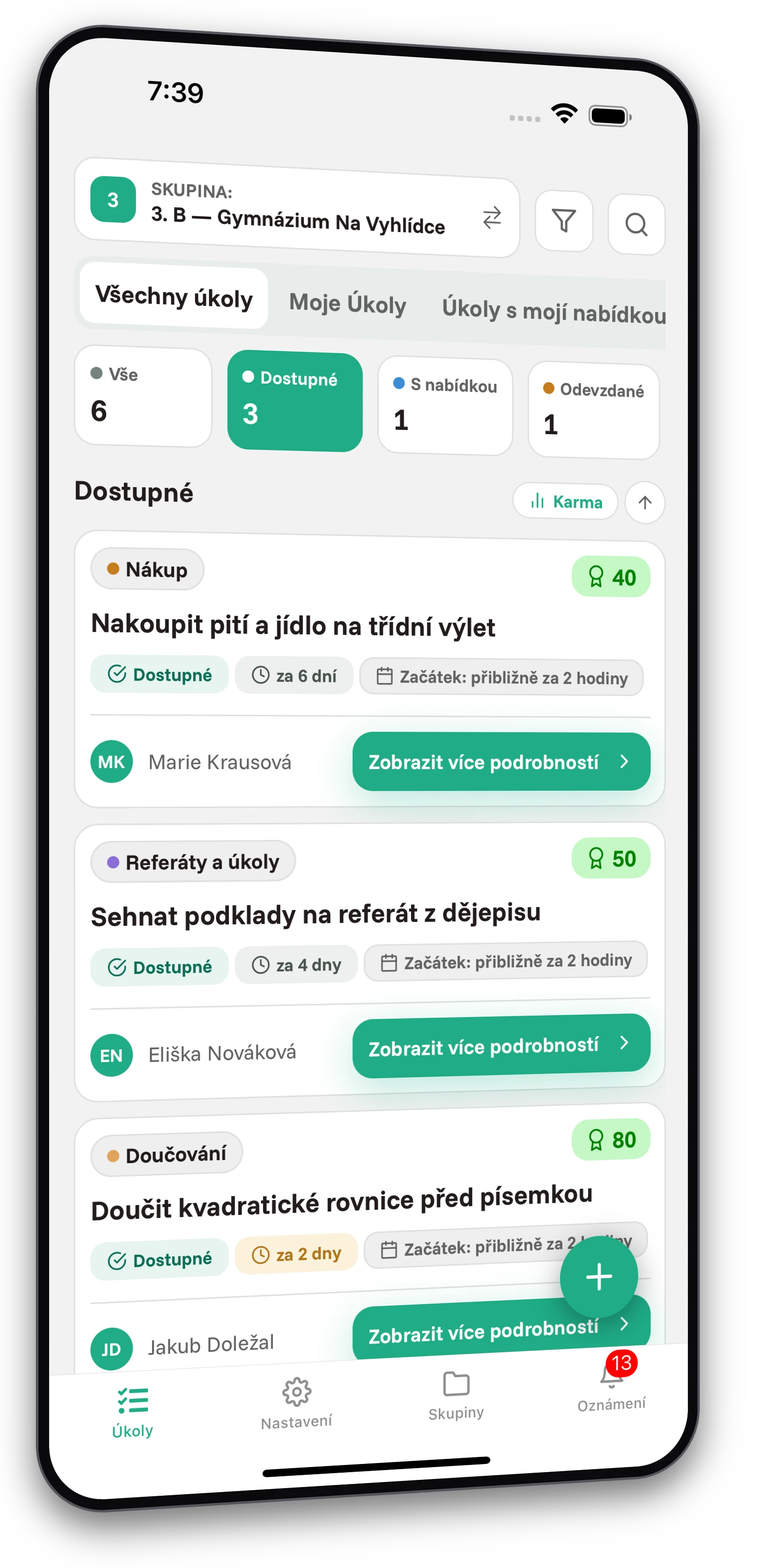 Sada screenshotů z aplikace Jobiro - Ukázka soukromých skupin pro studenty středních škol. - Screenshot 1