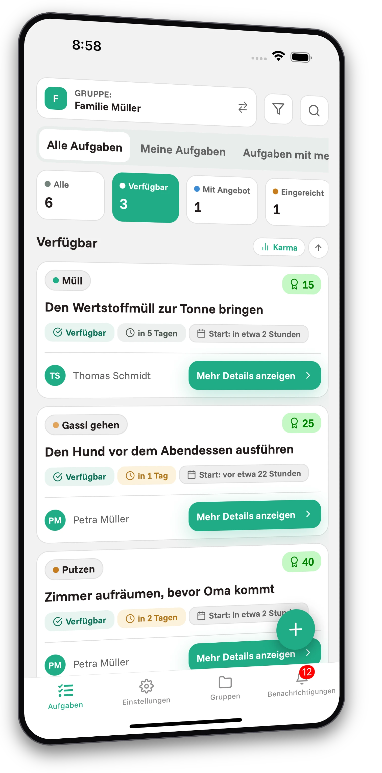 Screenshots der Jobiro-App - Vorschau auf private Gruppen für Familien. - Screenshot 1