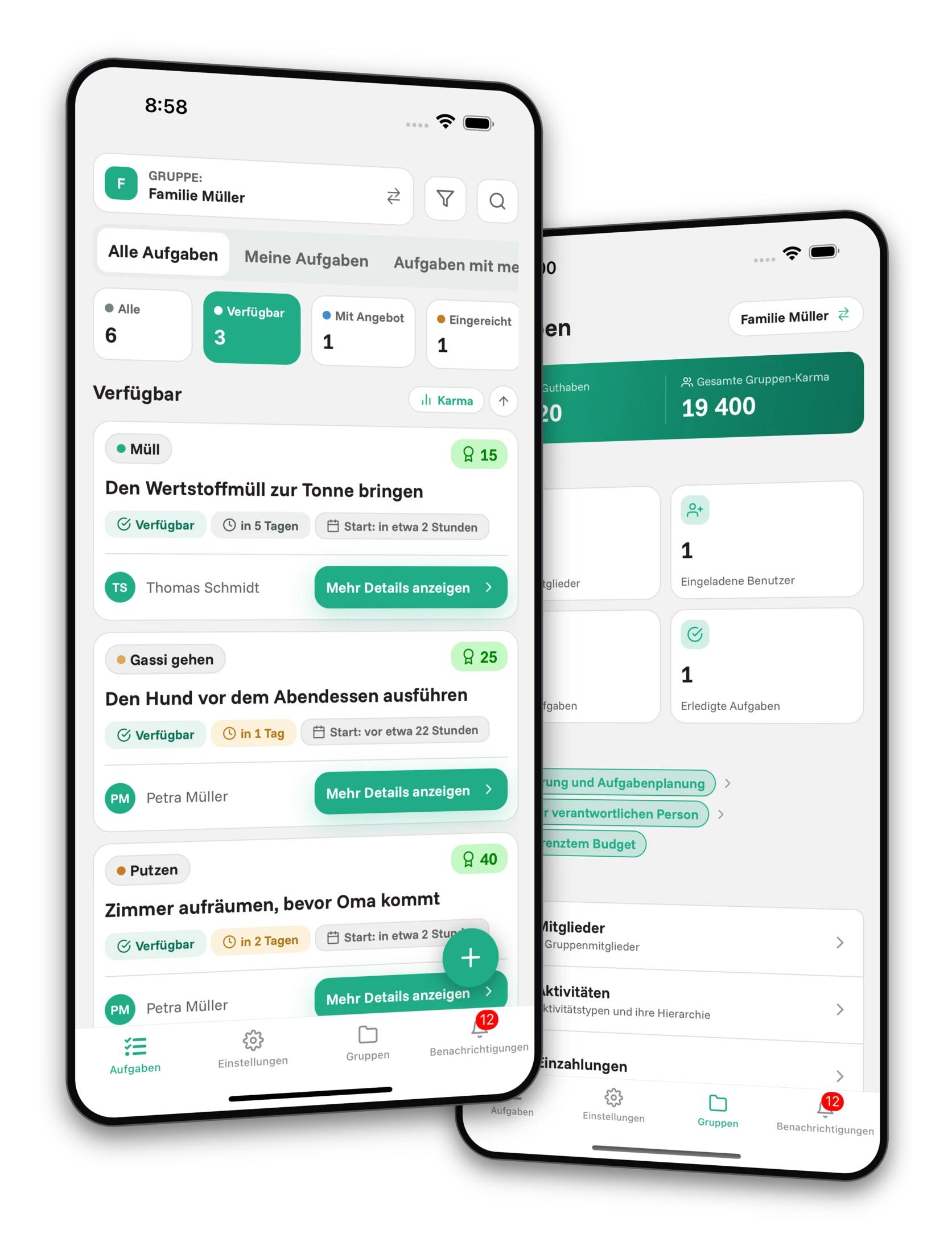 Screenshots der Jobiro-App - Vorschau auf private Gruppen für Familien.