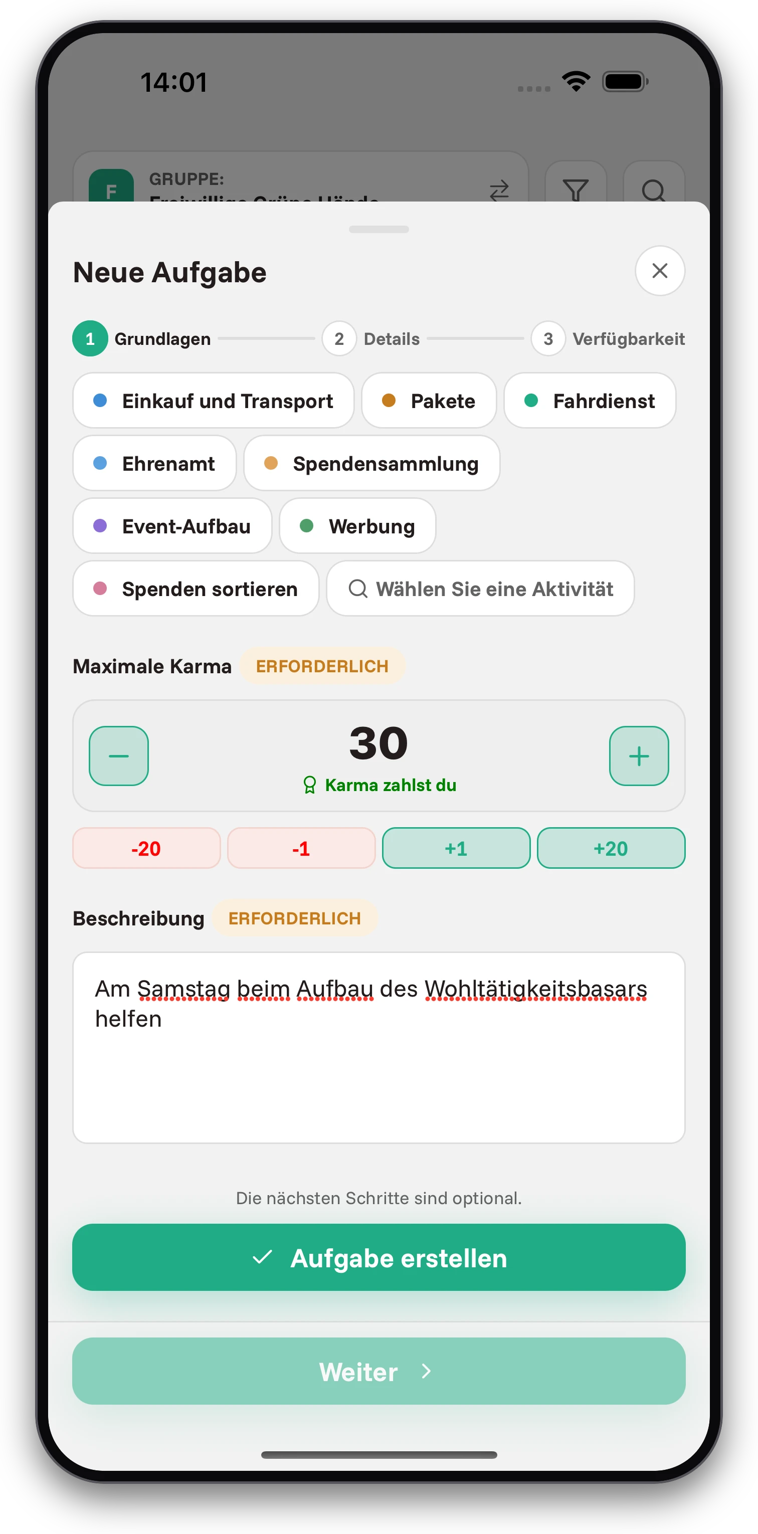 Screenshots der Jobiro-App - Bezahlung von Unterstützern über eine virtuelle Währung namens Karma. - Screenshot 1