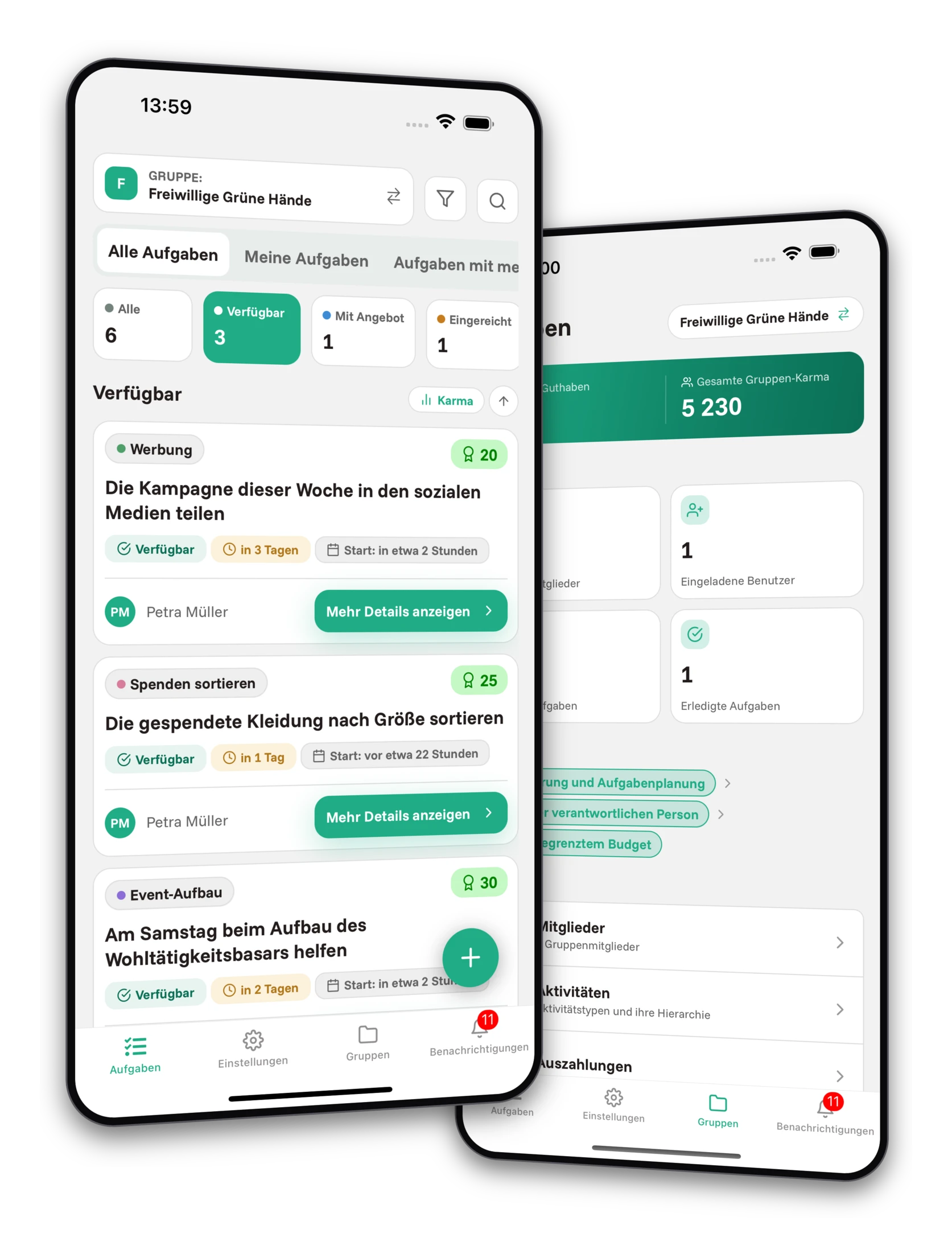 Screenshots der Jobiro-App - Vorschau auf private Gruppen für gemeinnützige Organisationen.