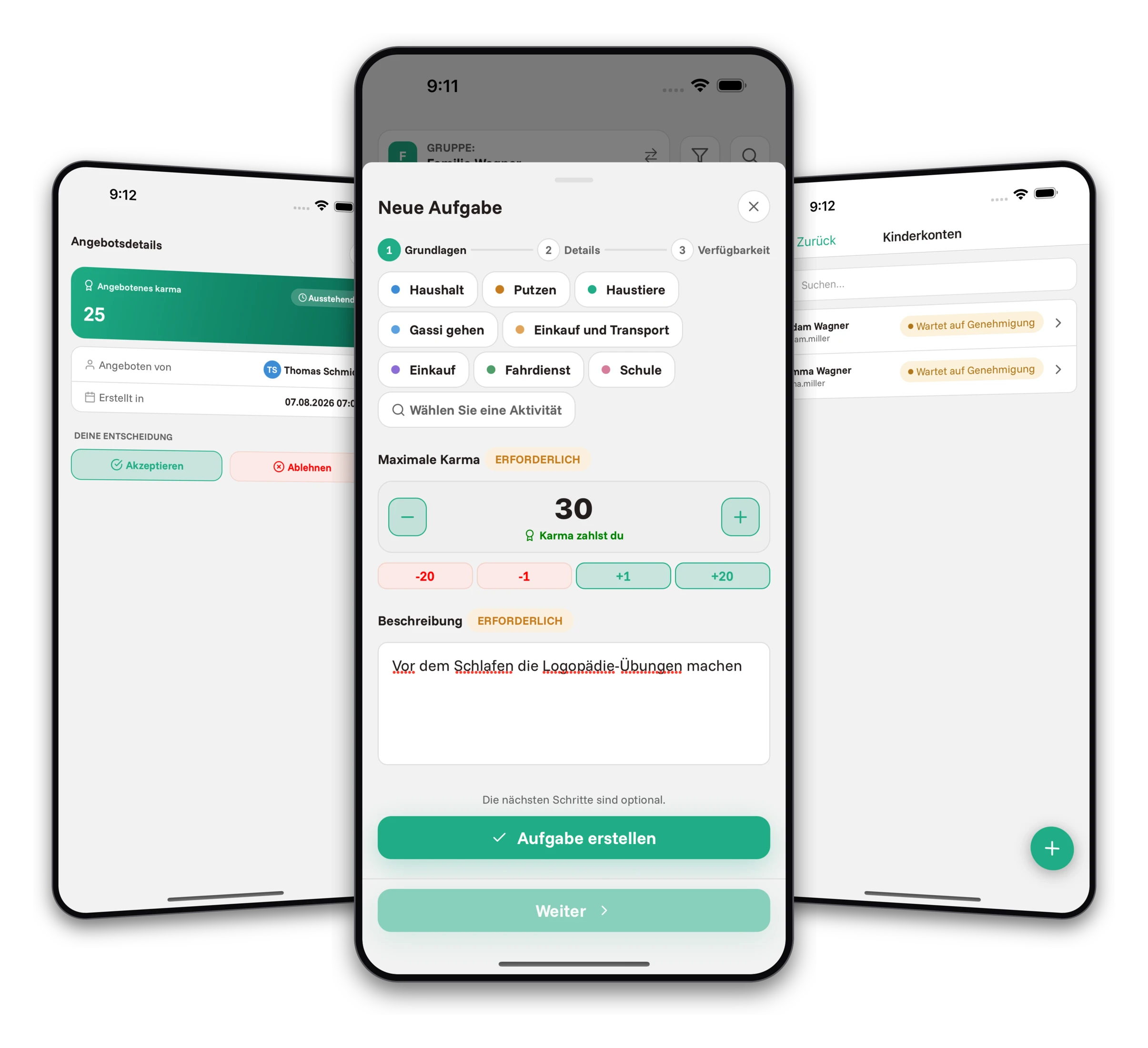 Screenshots der Jobiro-App - Belohnung von Kindern über eine virtuelle Währung und die Möglichkeit der Taschengeldauszahlung.