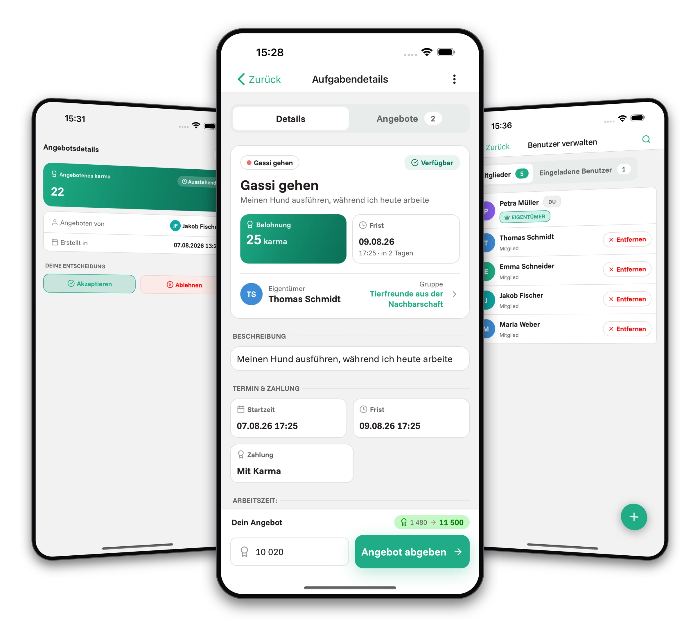 Screenshots der Jobiro-App - Auswahl eines Aufgabenausführers basierend auf erhaltenen Angeboten.