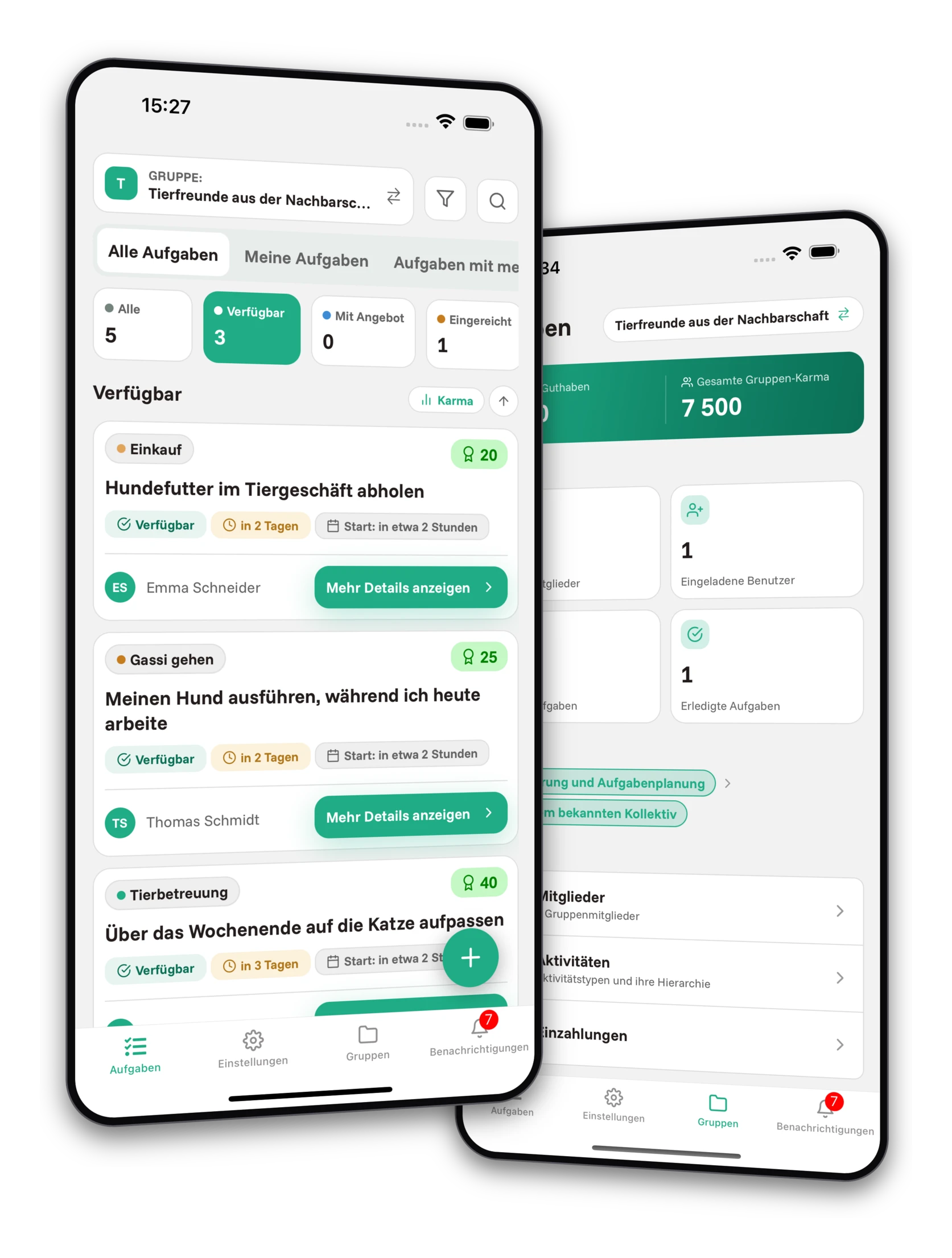 Screenshots der Jobiro-App - Vorschau auf private Gruppen für Haustierbesitzer.