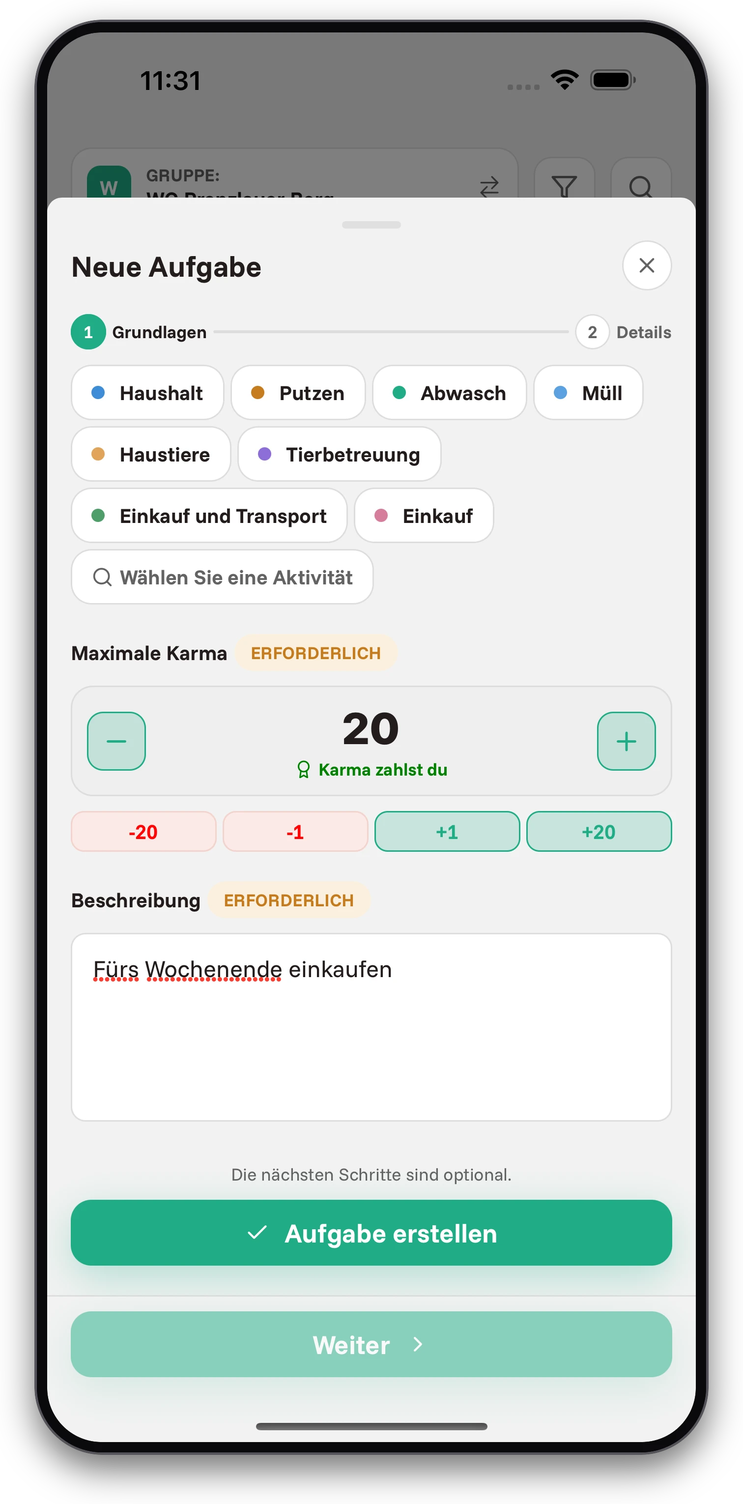 Screenshots der Jobiro-App - Belohnung für Aufgaben in Form von Karma. - Screenshot 1