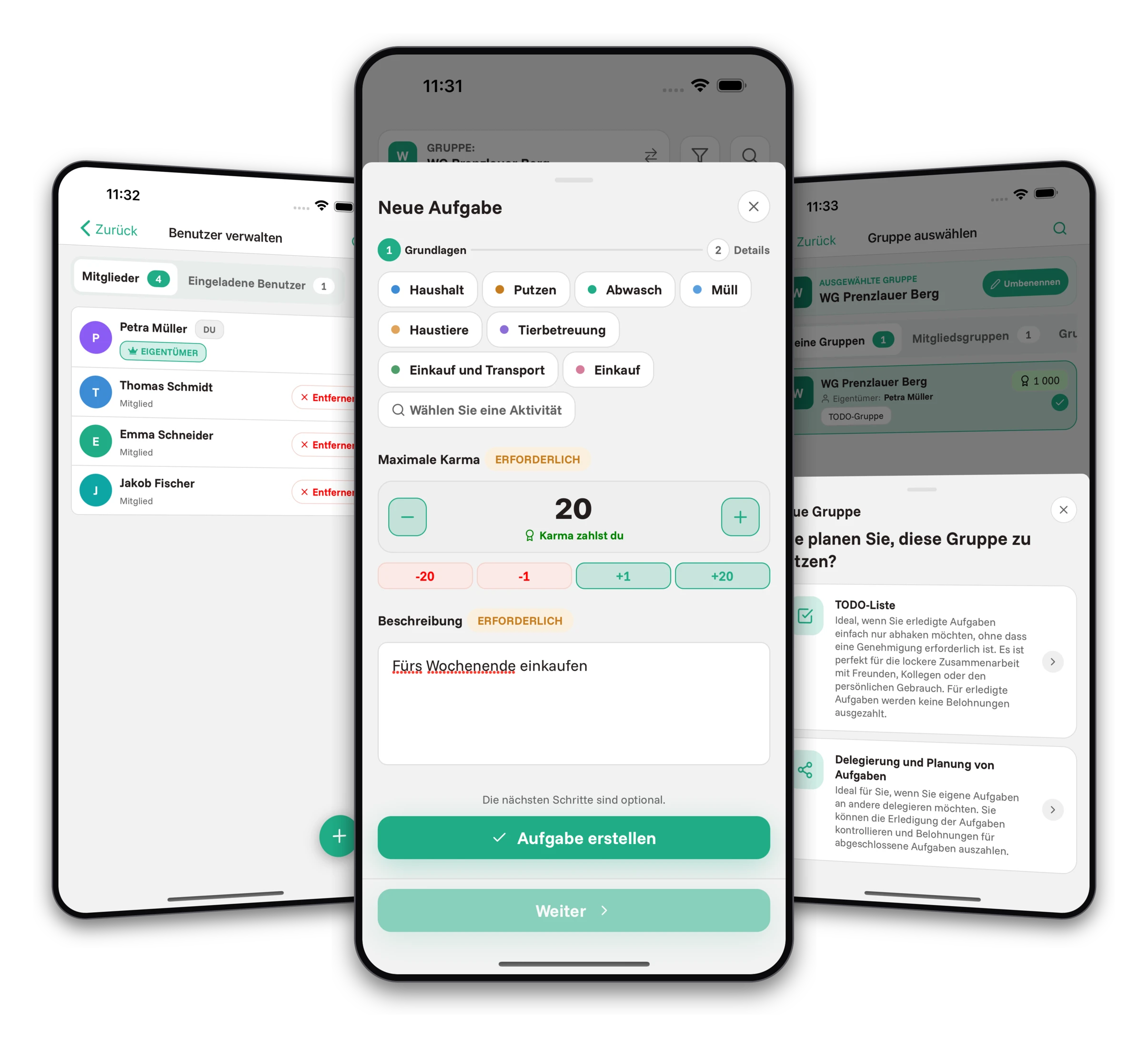 Screenshots der Jobiro-App - Belohnung für Aufgaben in Form von Karma.