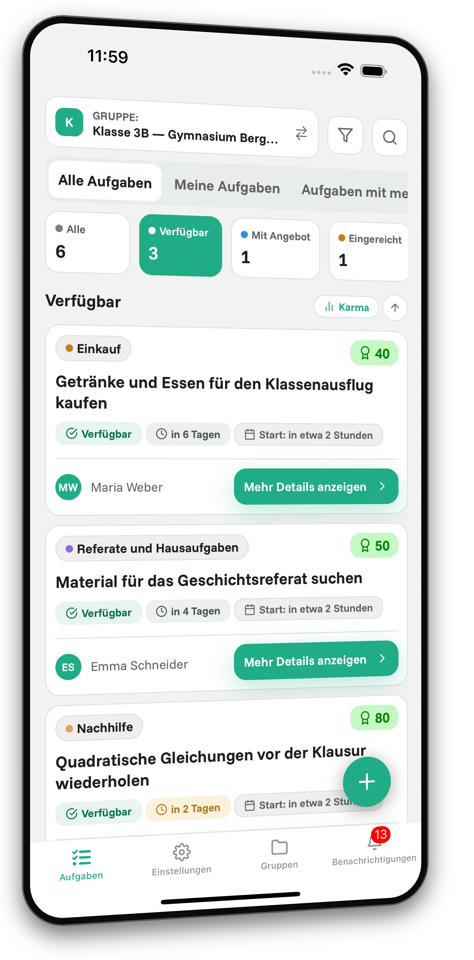 Screenshots der Jobiro-App - Vorschau auf private Gruppen für Gymnasiasten. - Screenshot 1