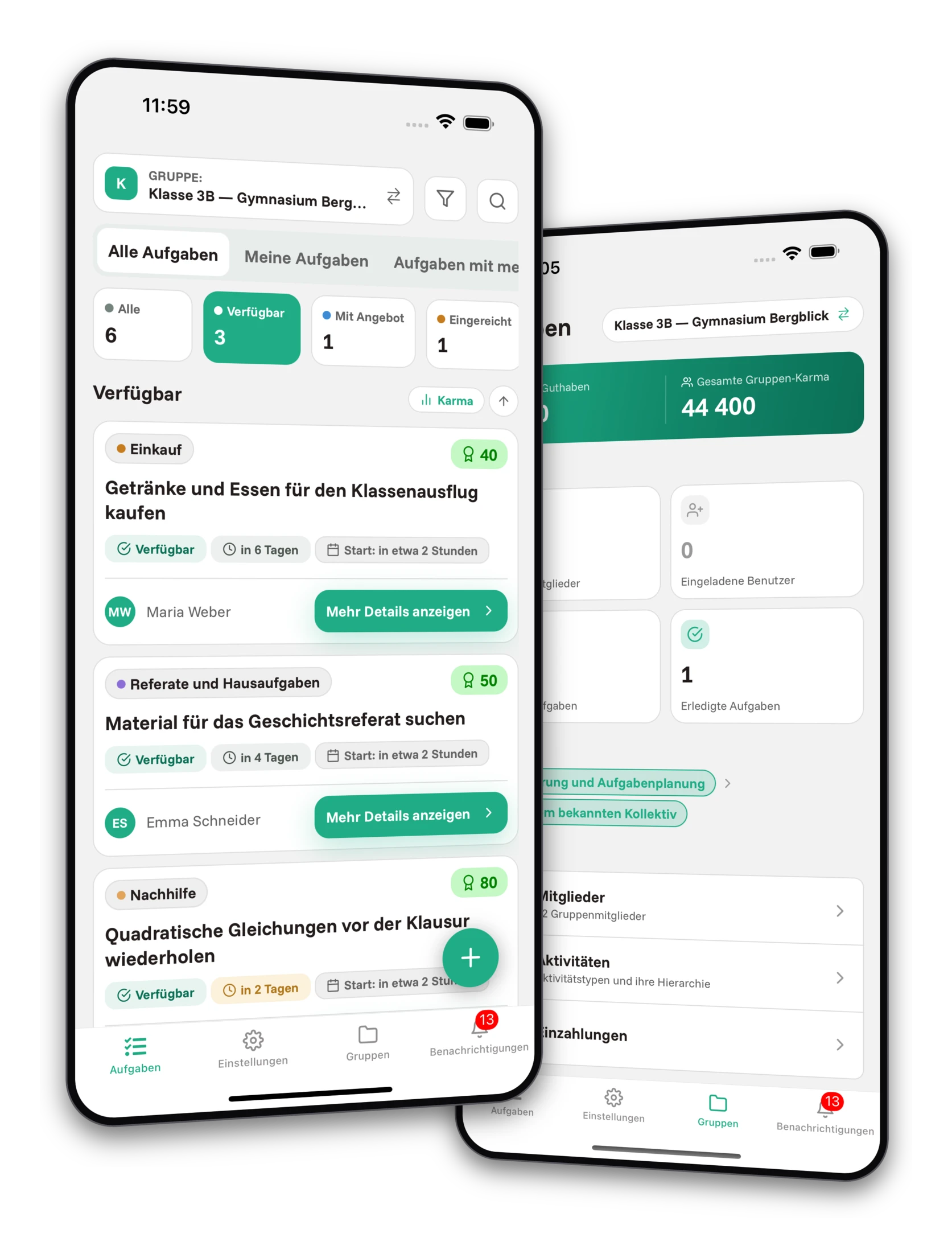 Screenshots der Jobiro-App - Vorschau auf private Gruppen für Gymnasiasten.