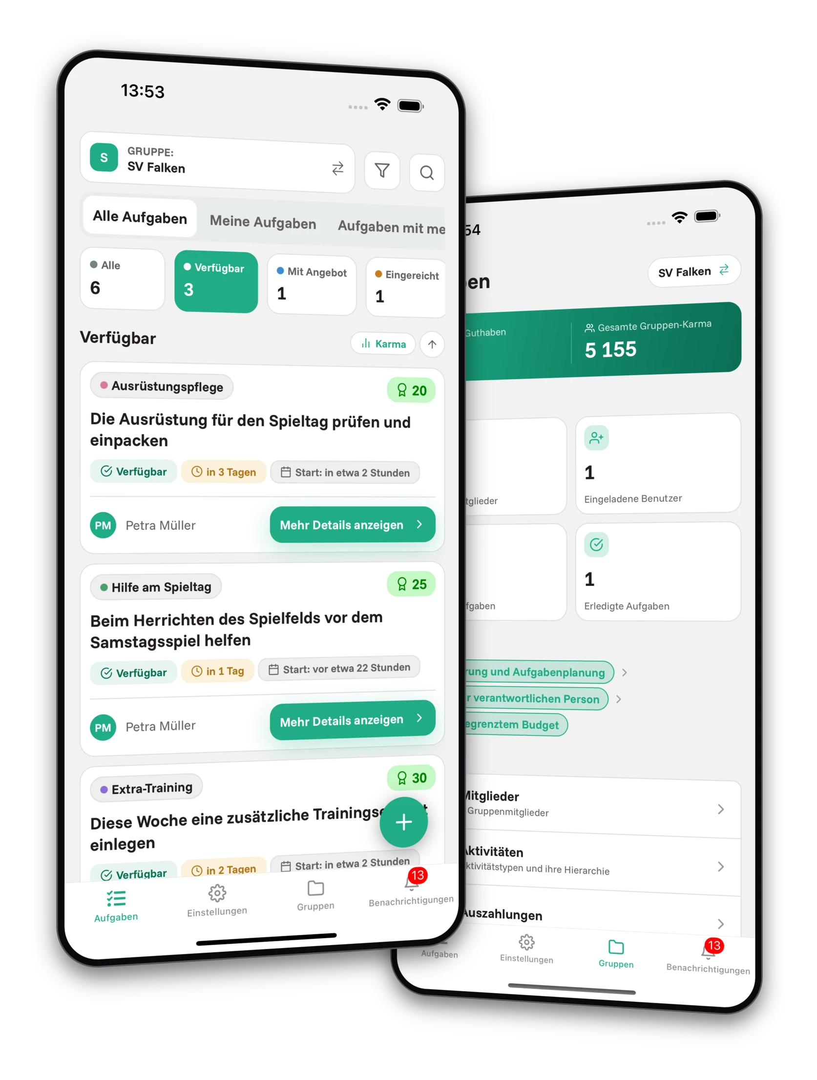 Screenshots der Jobiro-App - Vorschau auf private Gruppen für Trainer und Sportler.
