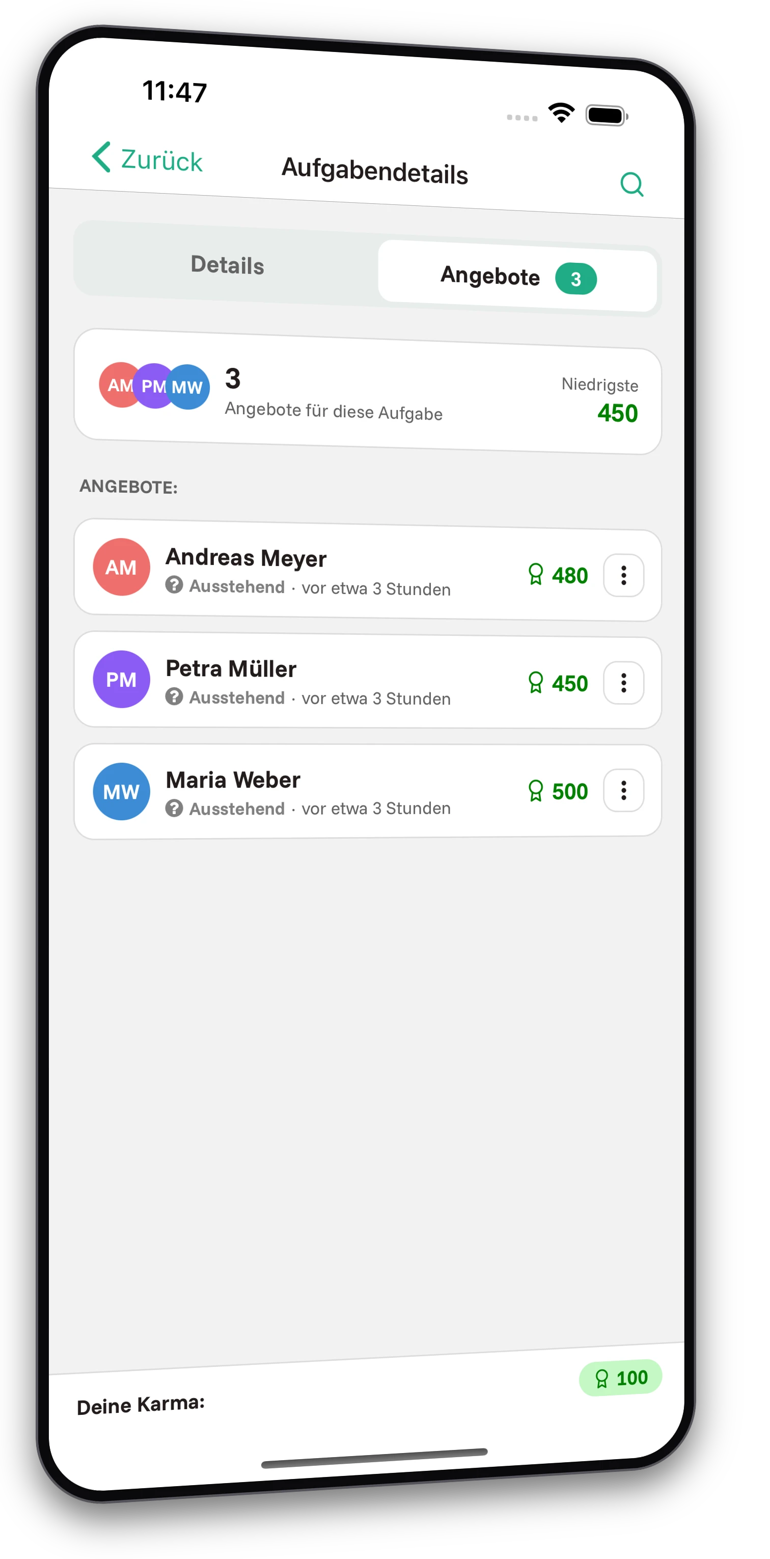 Screenshots der Jobiro-App - Auswahl des Aufgabenlösers und der besten Angebote. - Screenshot 2
