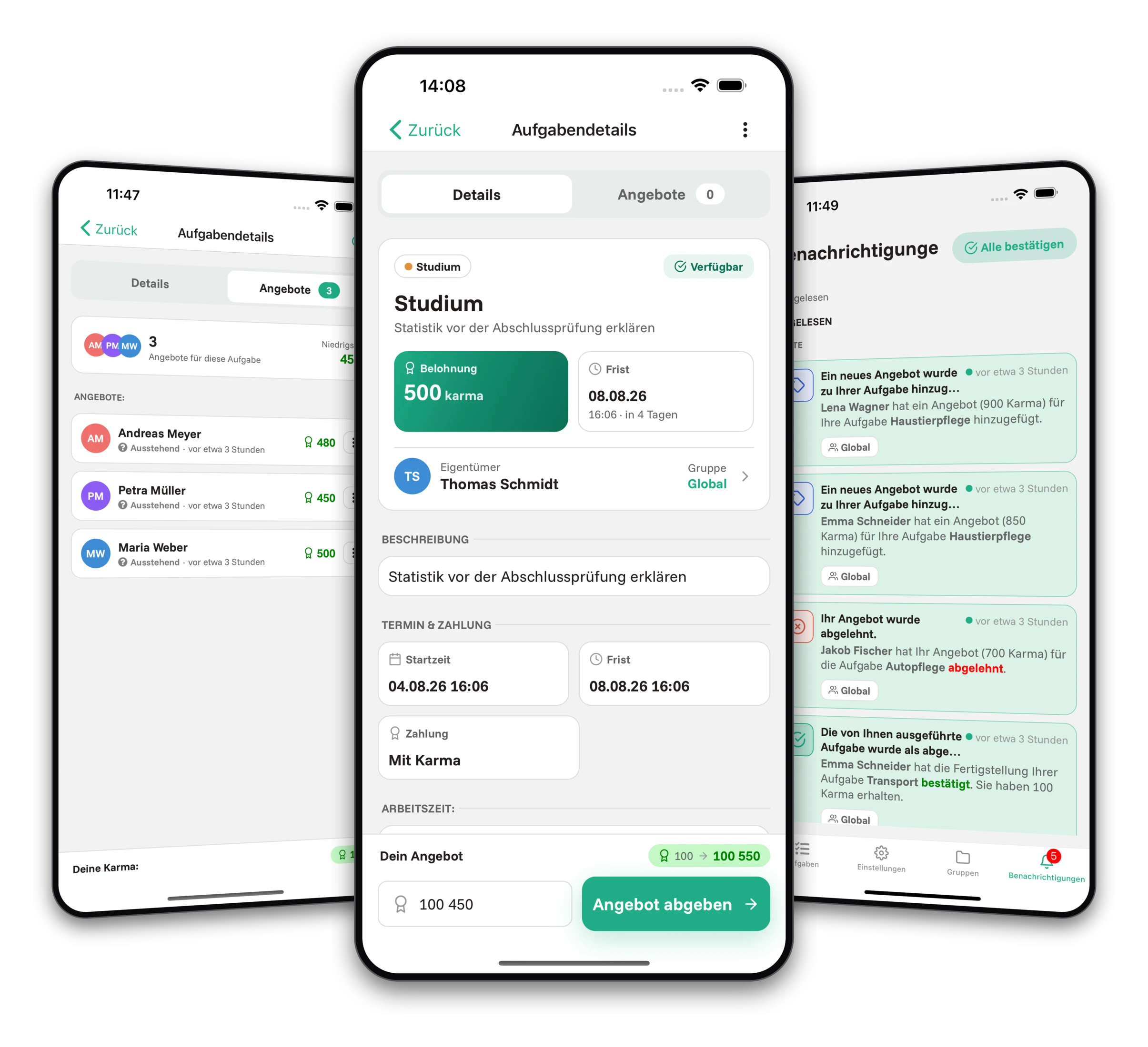 Screenshots der Jobiro-App - Auswahl des Aufgabenlösers und der besten Angebote.
