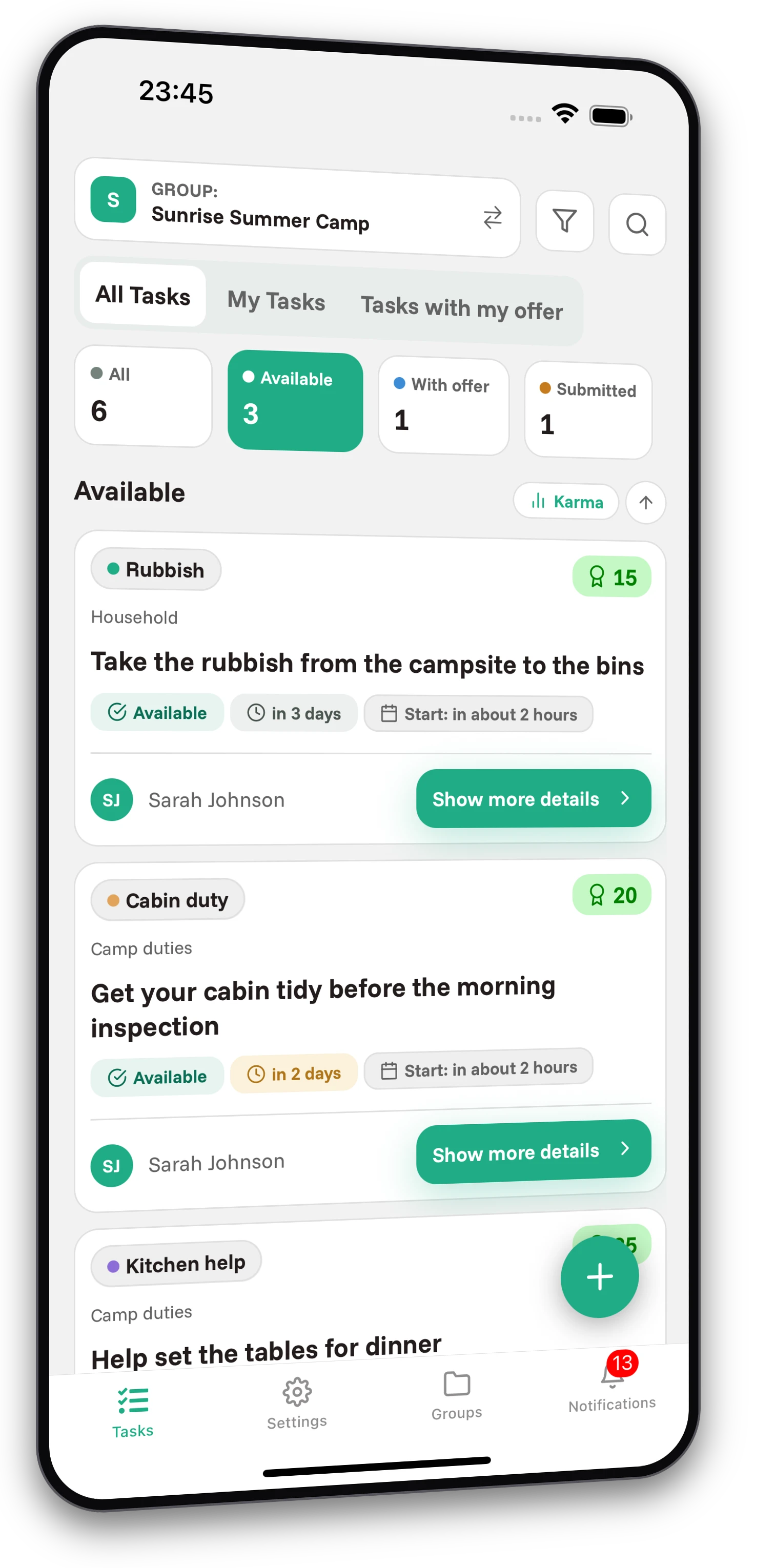 Set of screenshots from the Jobiro app - Preview of private groups for camp organizers. - Screenshot 1