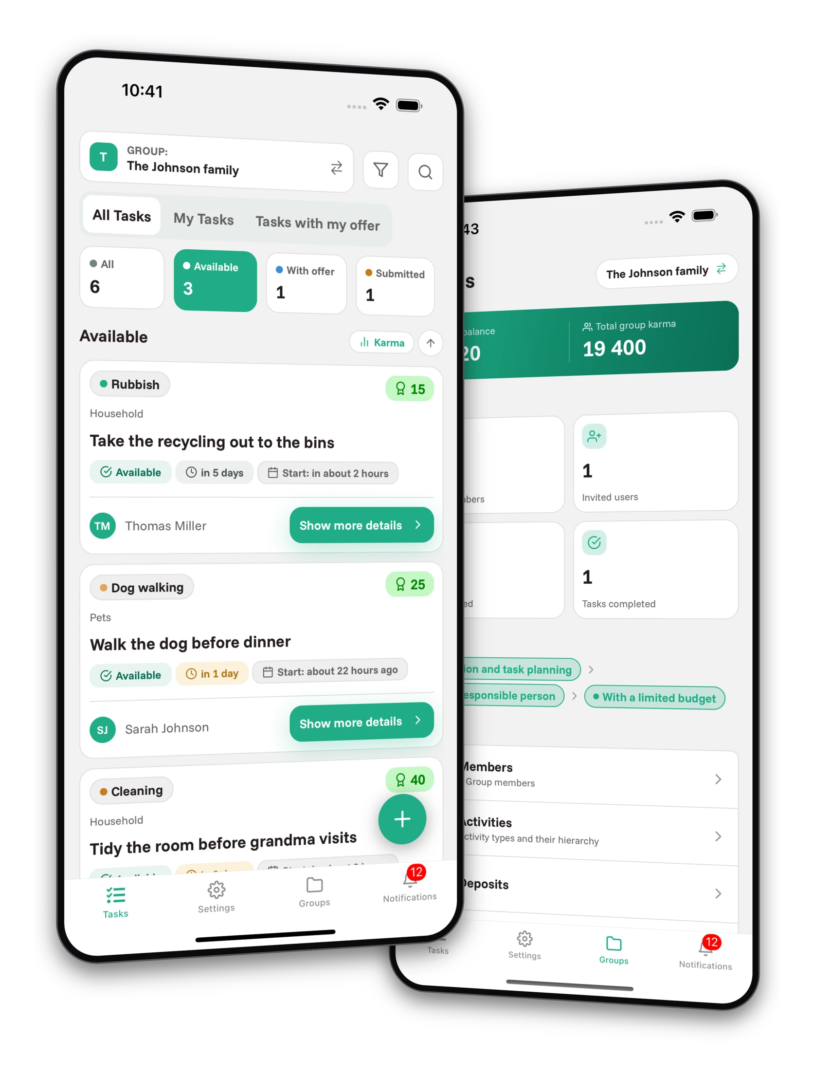 Set of screenshots from the Jobiro app - Preview of private groups for families.