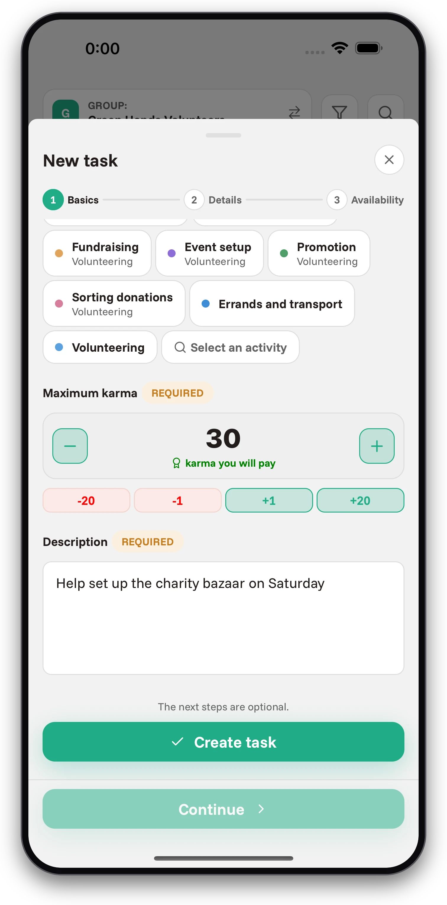 Screenshots from the Jobiro app - Payment to supporters via virtual currency called karma. - Screenshot 1
