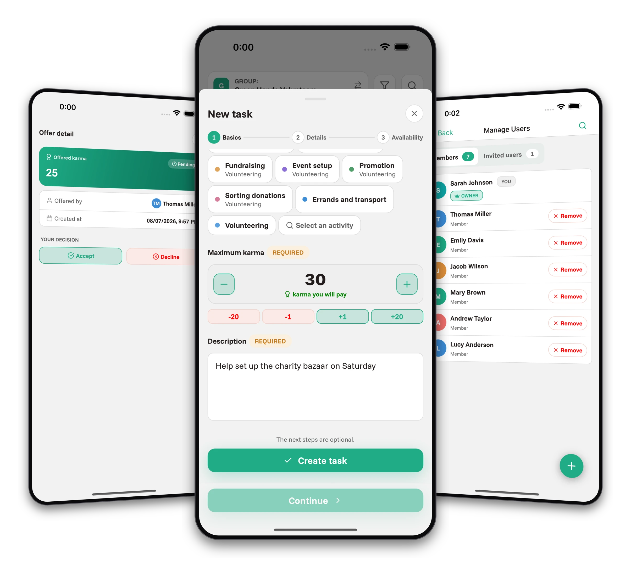 Screenshots from the Jobiro app - Payment to supporters via virtual currency called karma.