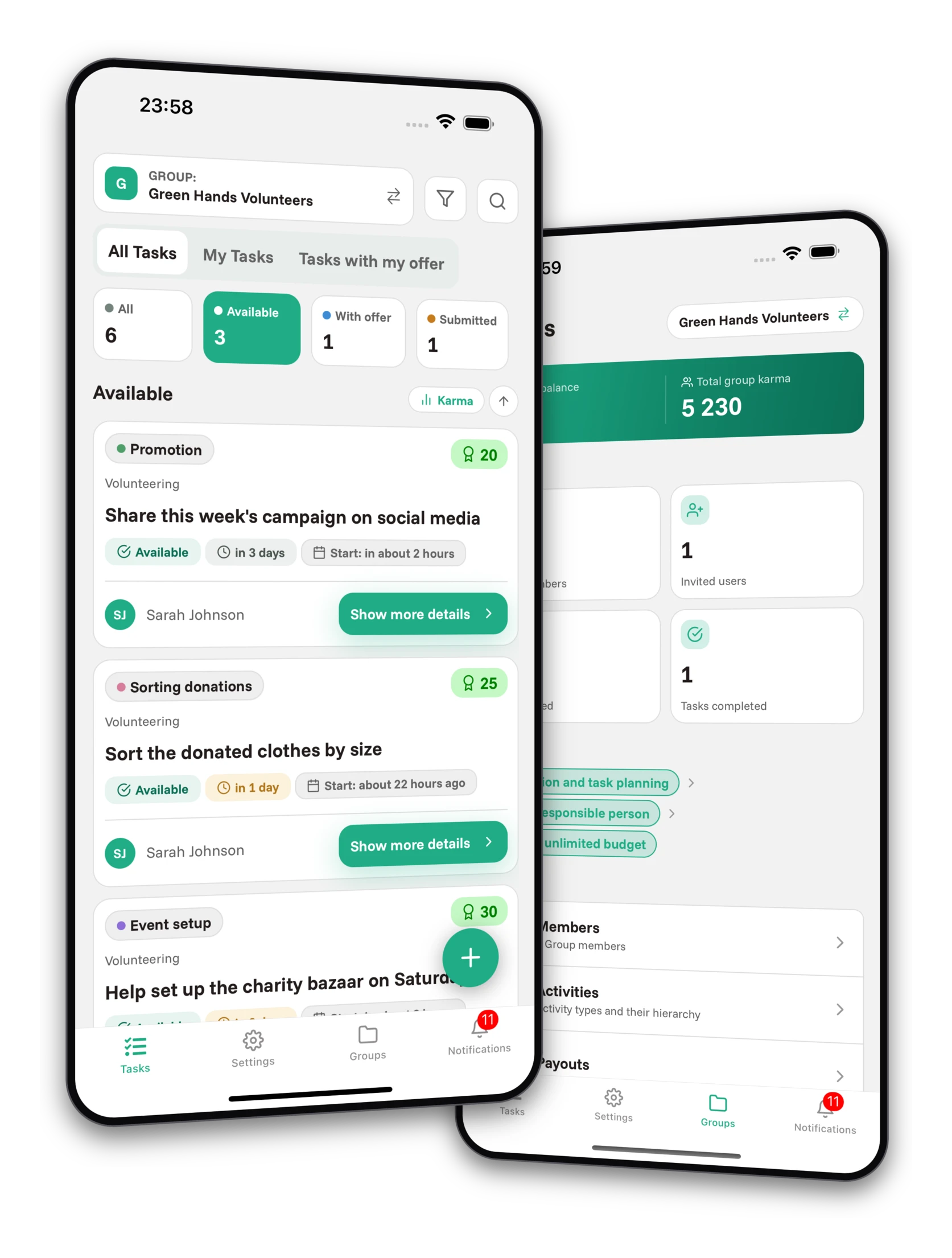 Set of screenshots from the Jobiro app - Preview of private groups for non-profit organizations.