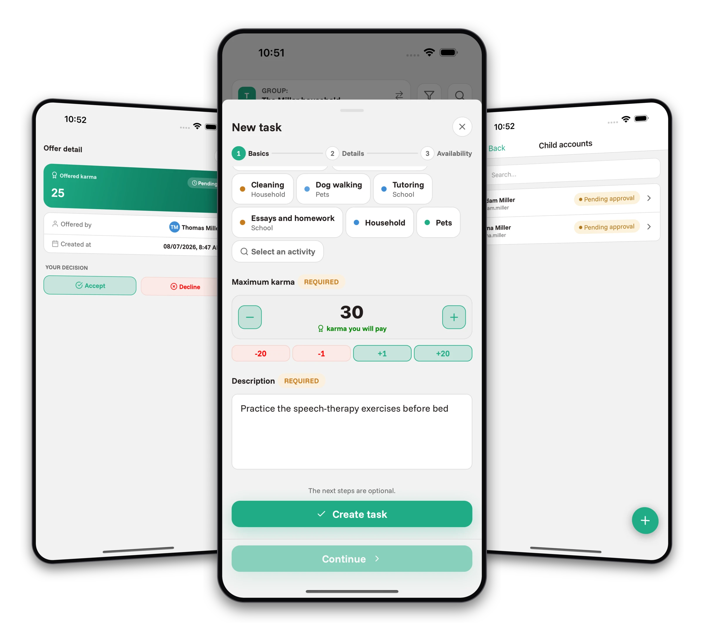 Screenshots from the Jobiro app - Rewarding children via virtual currency and the possibility of paying out pocket money.