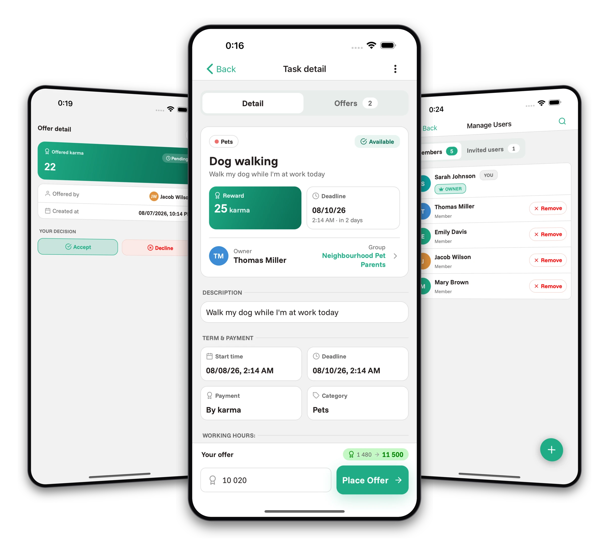 Screenshots from the Jobiro app - Choosing a task performer based on received offers.