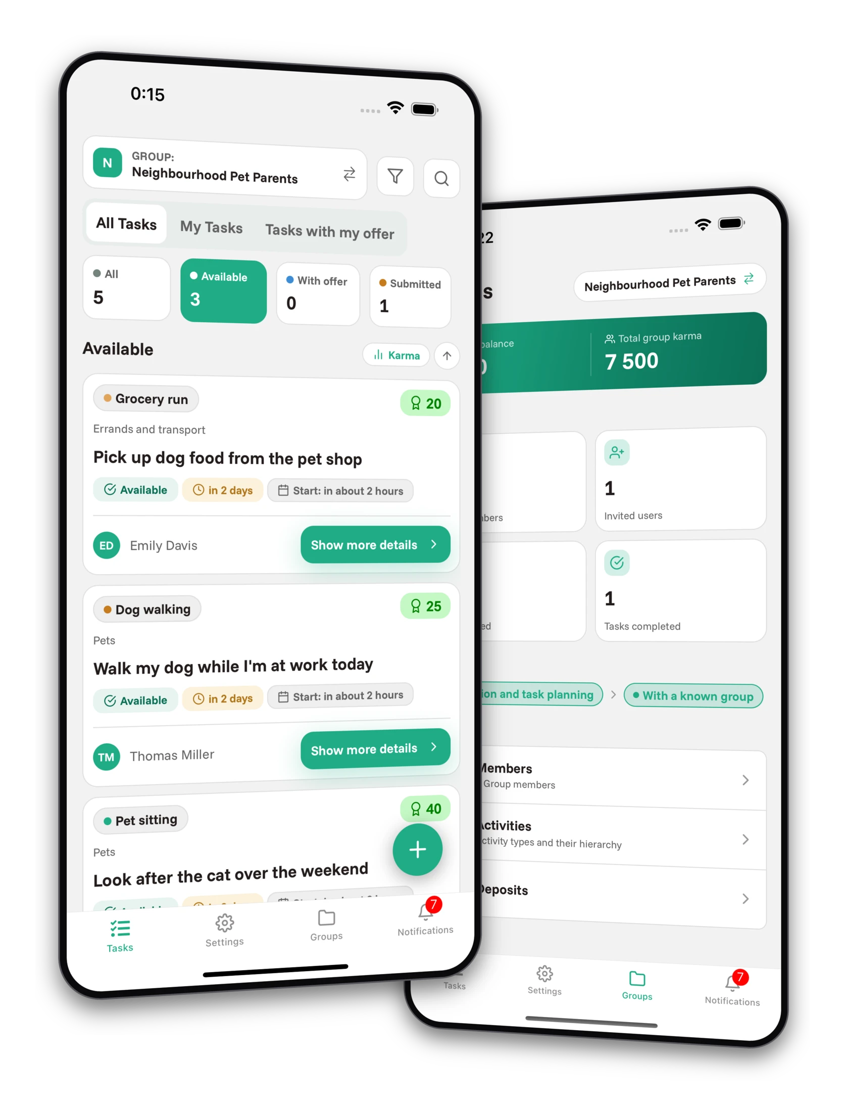 Set of screenshots from the Jobiro app - Preview of private groups for pet owners.