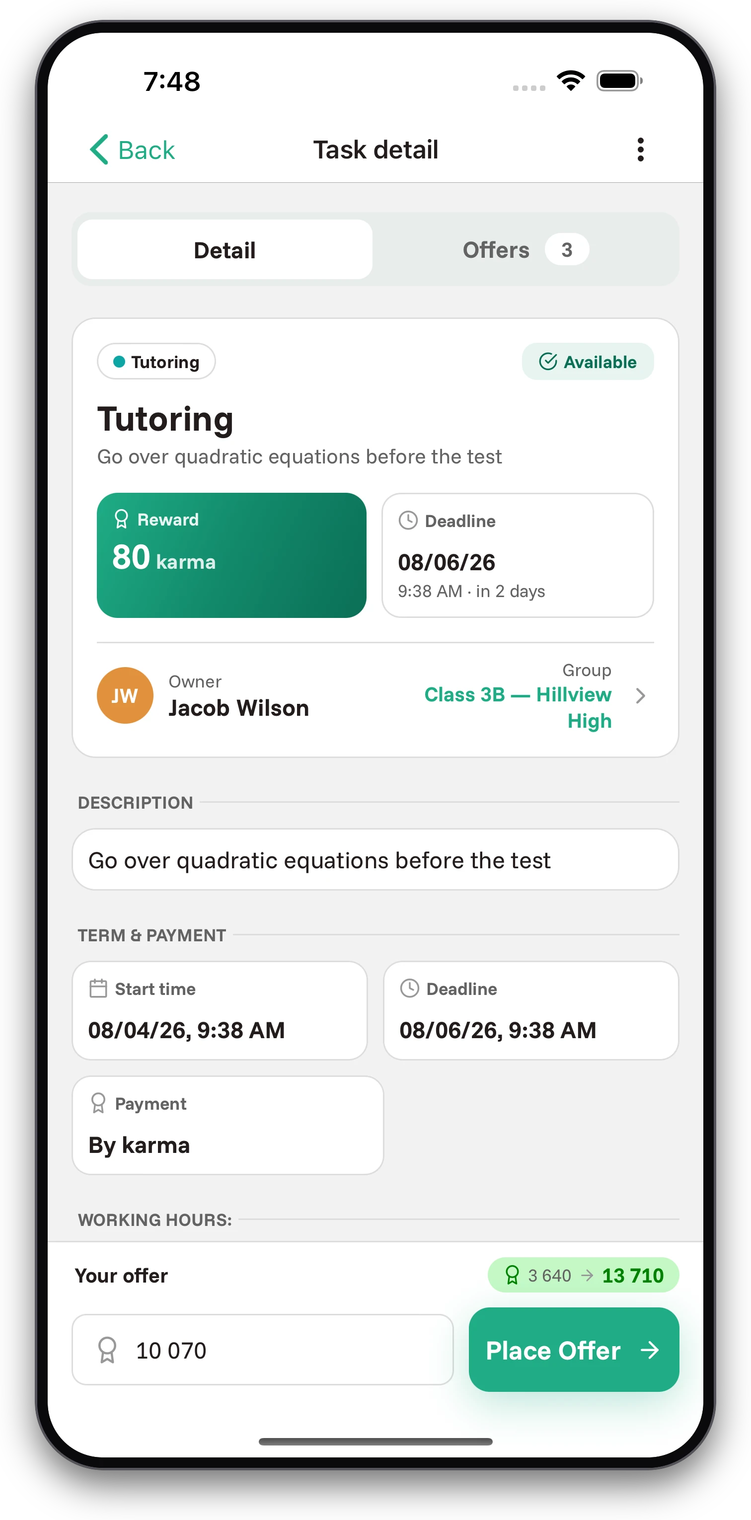 Screenshots from the Jobiro app - Virtual currency payment - karma. - Screenshot 1