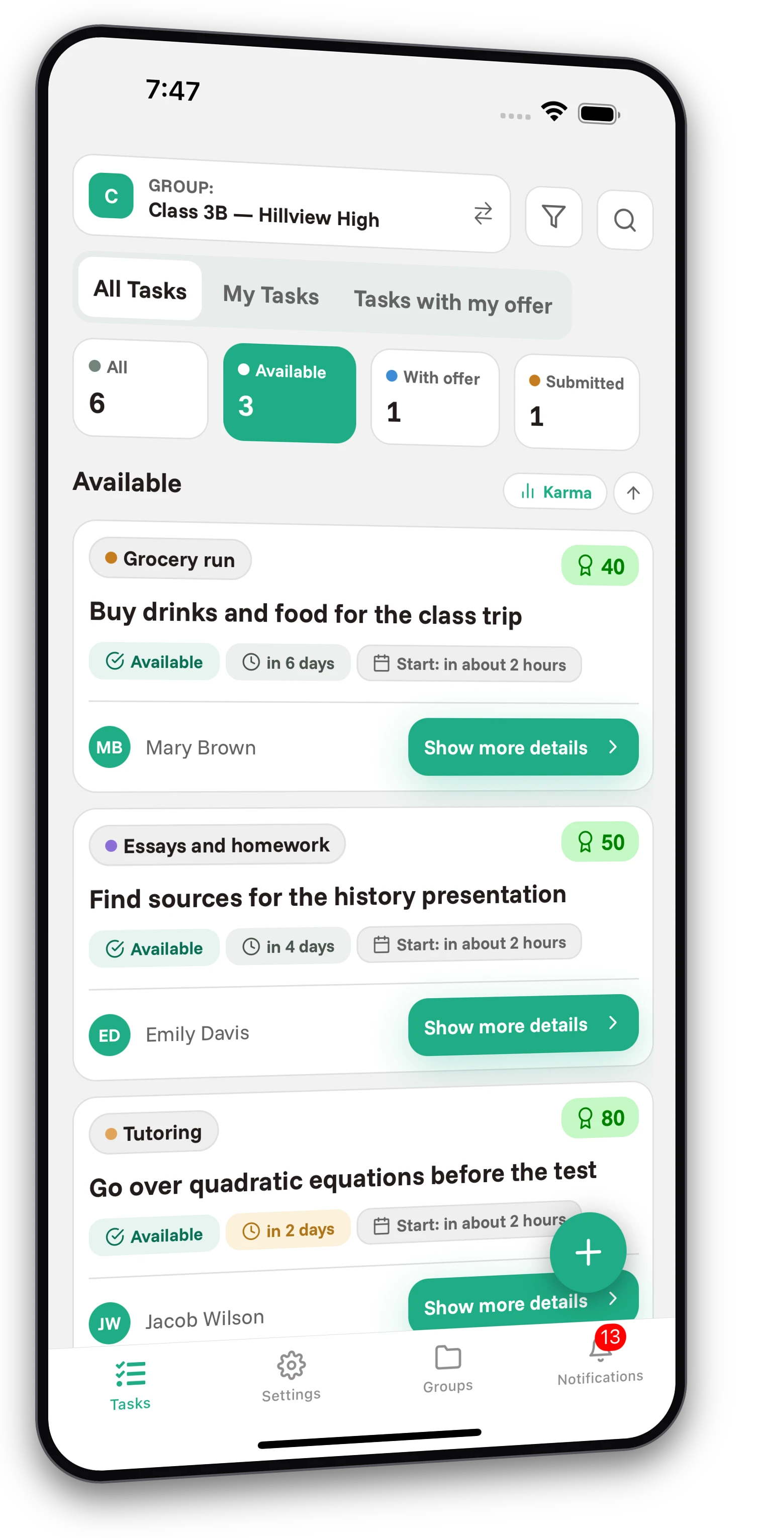 Set of screenshots from the Jobiro app - Preview of private groups for high school students. - Screenshot 1
