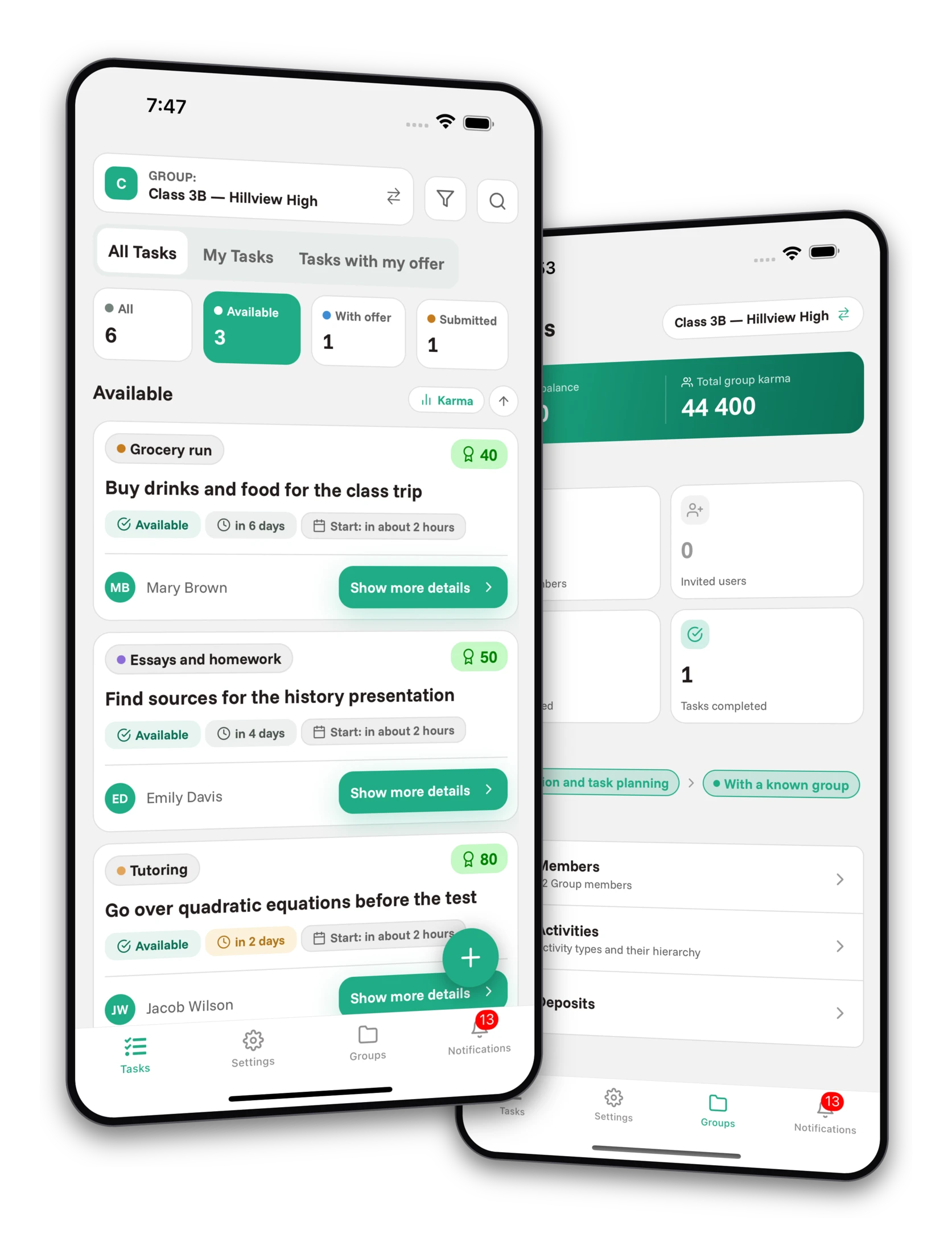 Set of screenshots from the Jobiro app - Preview of private groups for high school students.