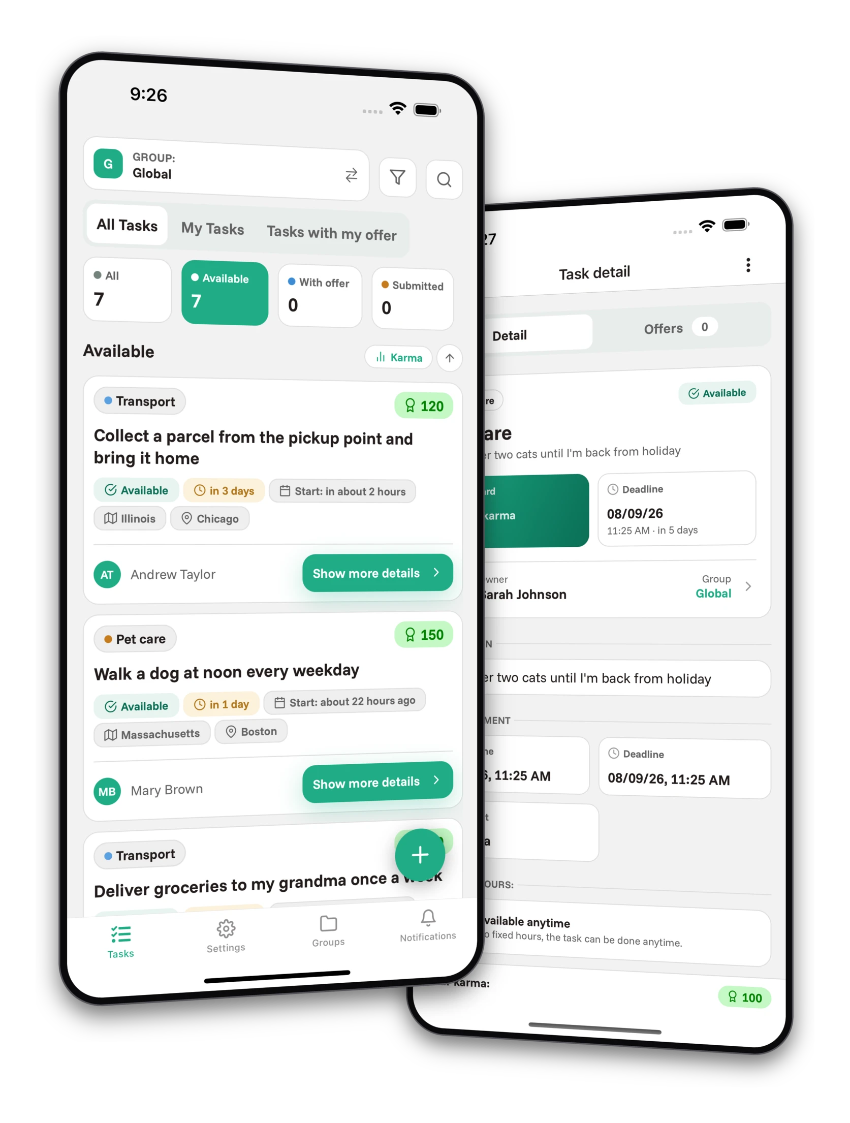 Set of screenshots from the Jobiro app - Preview of private groups for university students.
