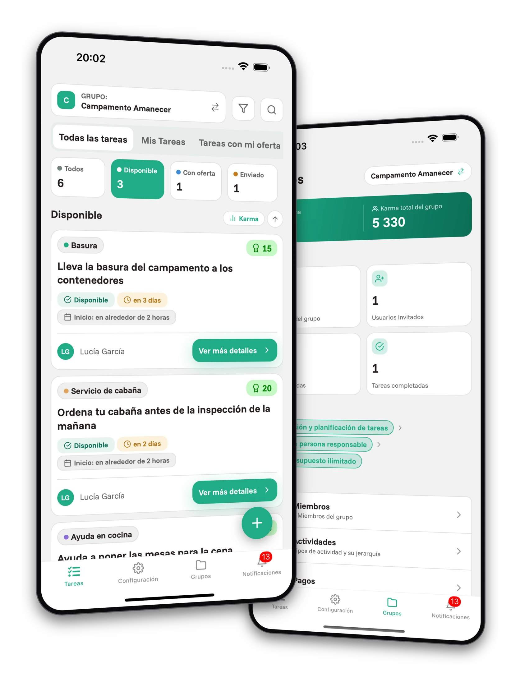 Conjunto de capturas de pantalla de la aplicación Jobiro - Vista previa de grupos privados para organizadores de campamentos.