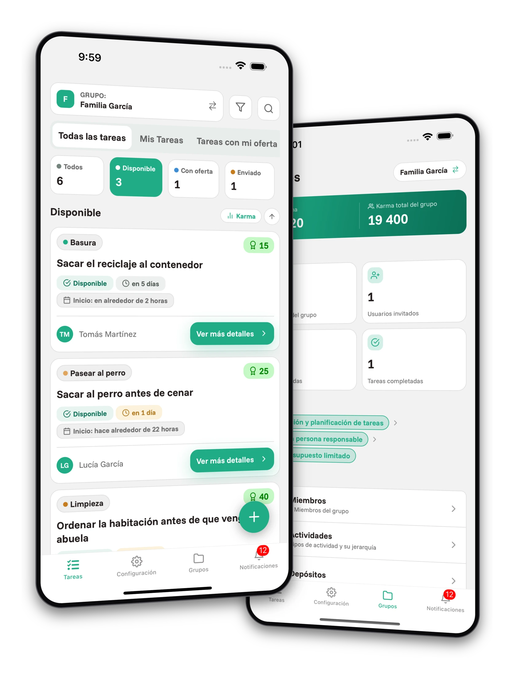 Conjunto de capturas de pantalla de la aplicación Jobiro - Vista previa de grupos privados para familias.