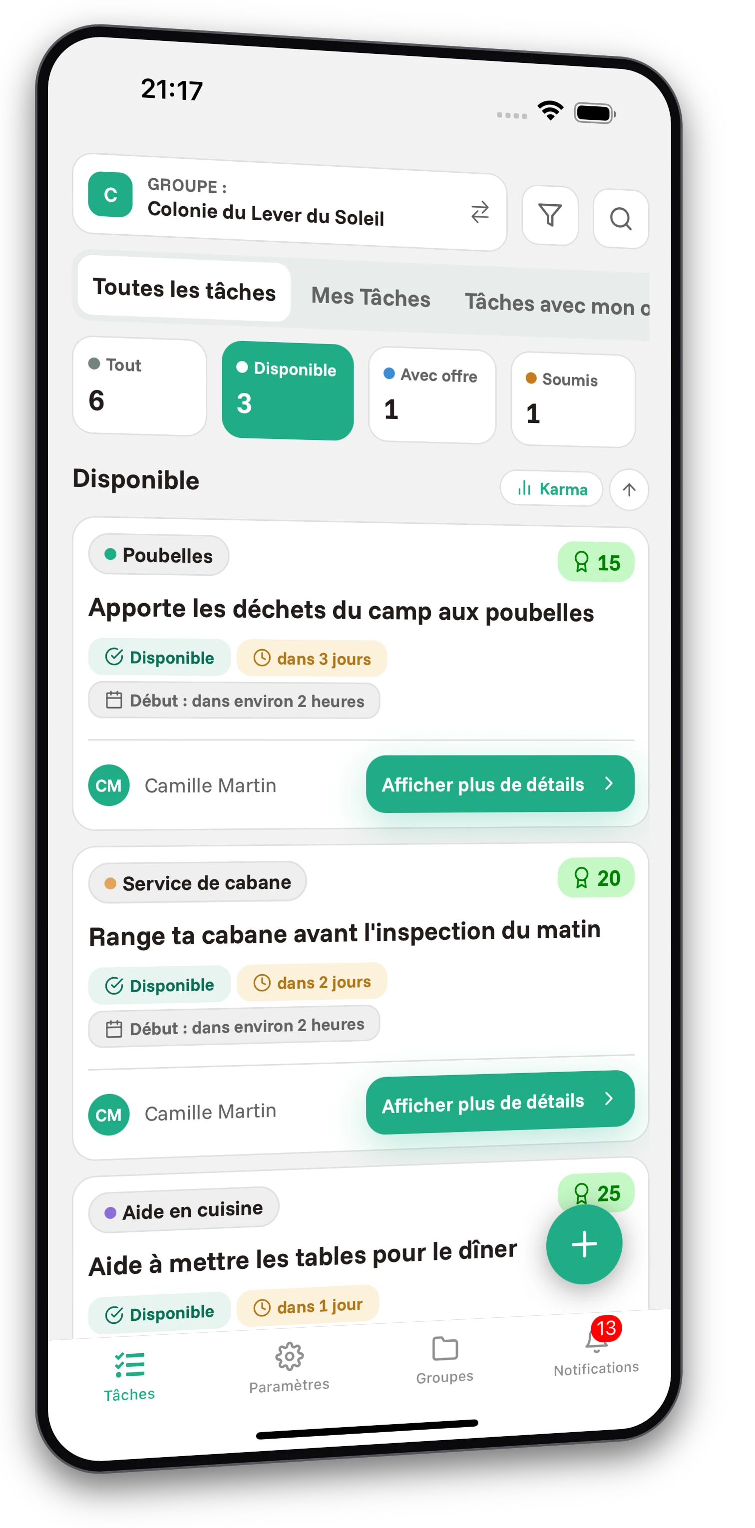 Ensemble de captures d'écran de l'application Jobiro - Aperçu des groupes privés pour les organisateurs de camps. - Screenshot 1