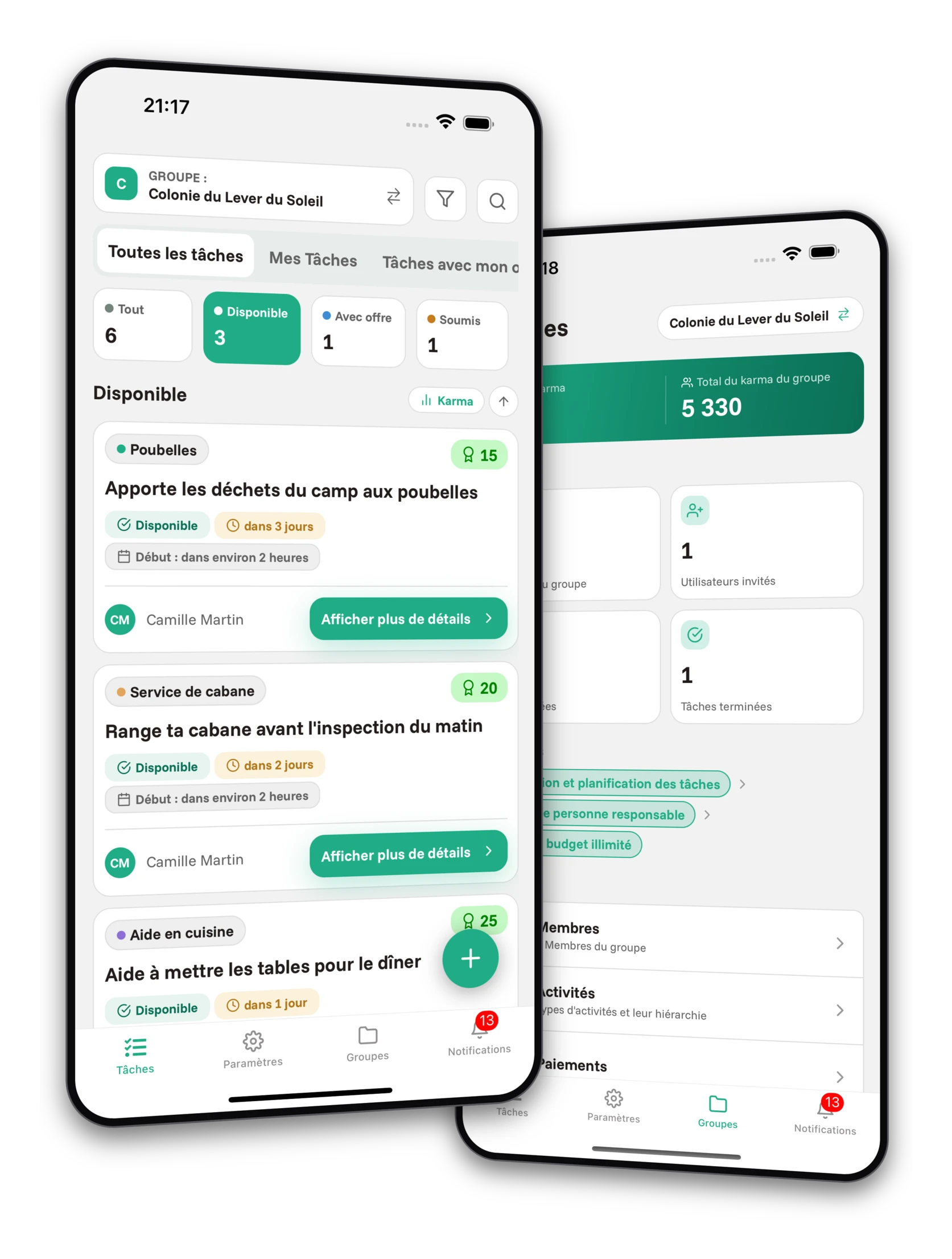 Ensemble de captures d'écran de l'application Jobiro - Aperçu des groupes privés pour les organisateurs de camps.