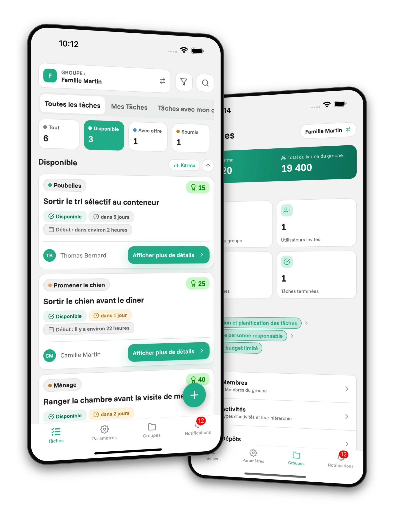 Ensemble de captures d'écran de l'application Jobiro - Aperçu des groupes privés pour les familles.
