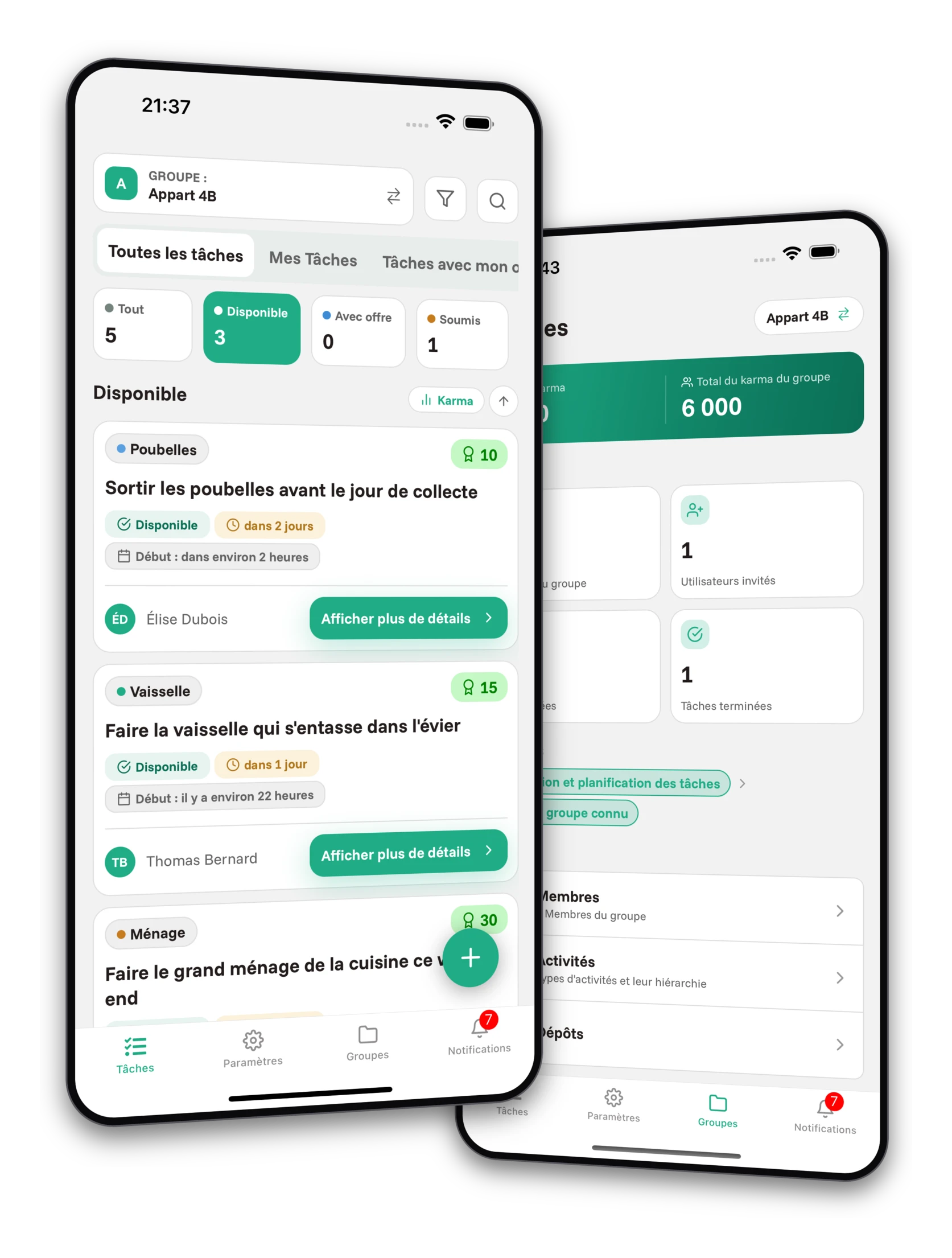 Ensemble de captures d'écran de l'application Jobiro - Aperçu des groupes privés pour les colocataires.
