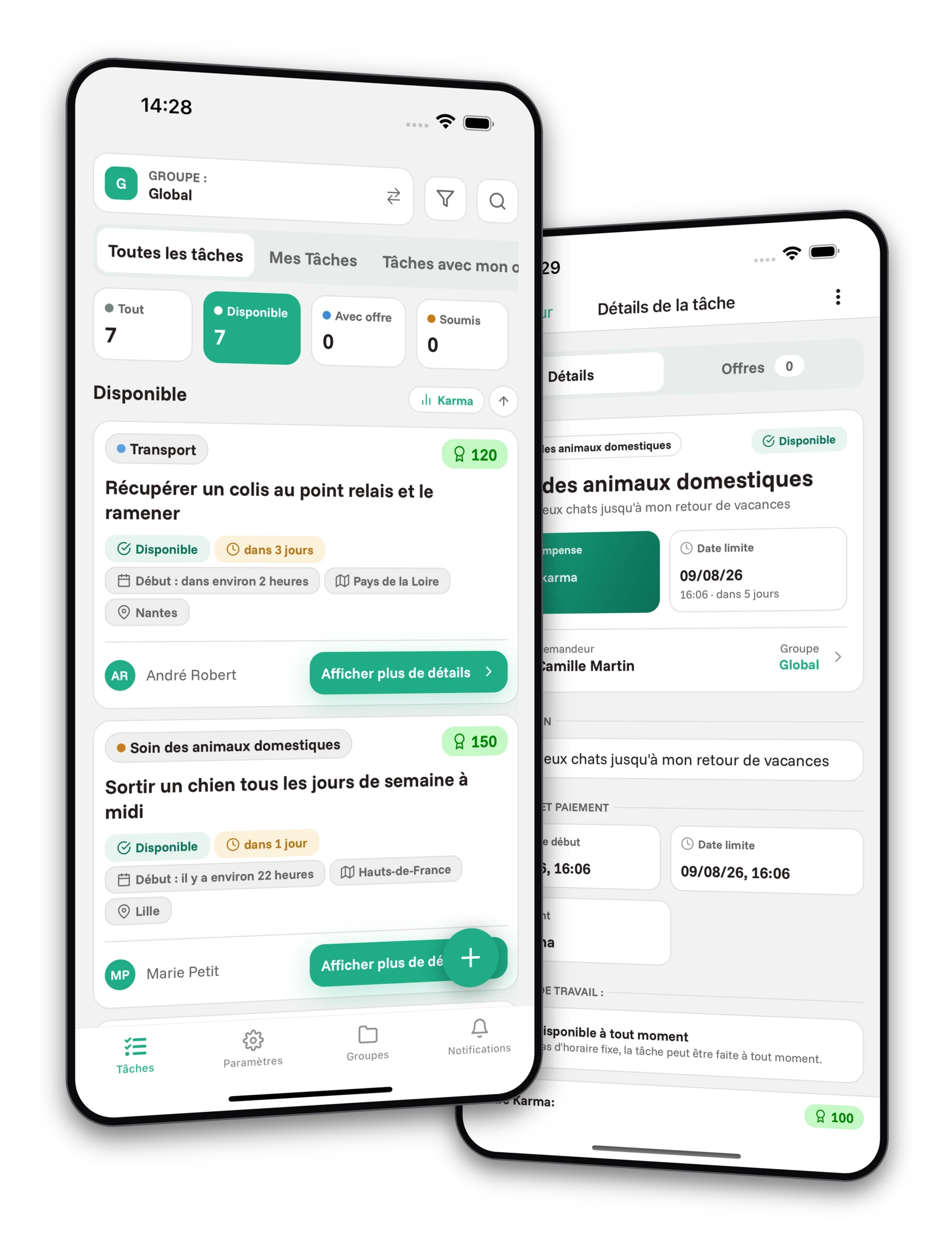 Ensemble de captures d'écran de l'application Jobiro - Aperçu des groupes privés.