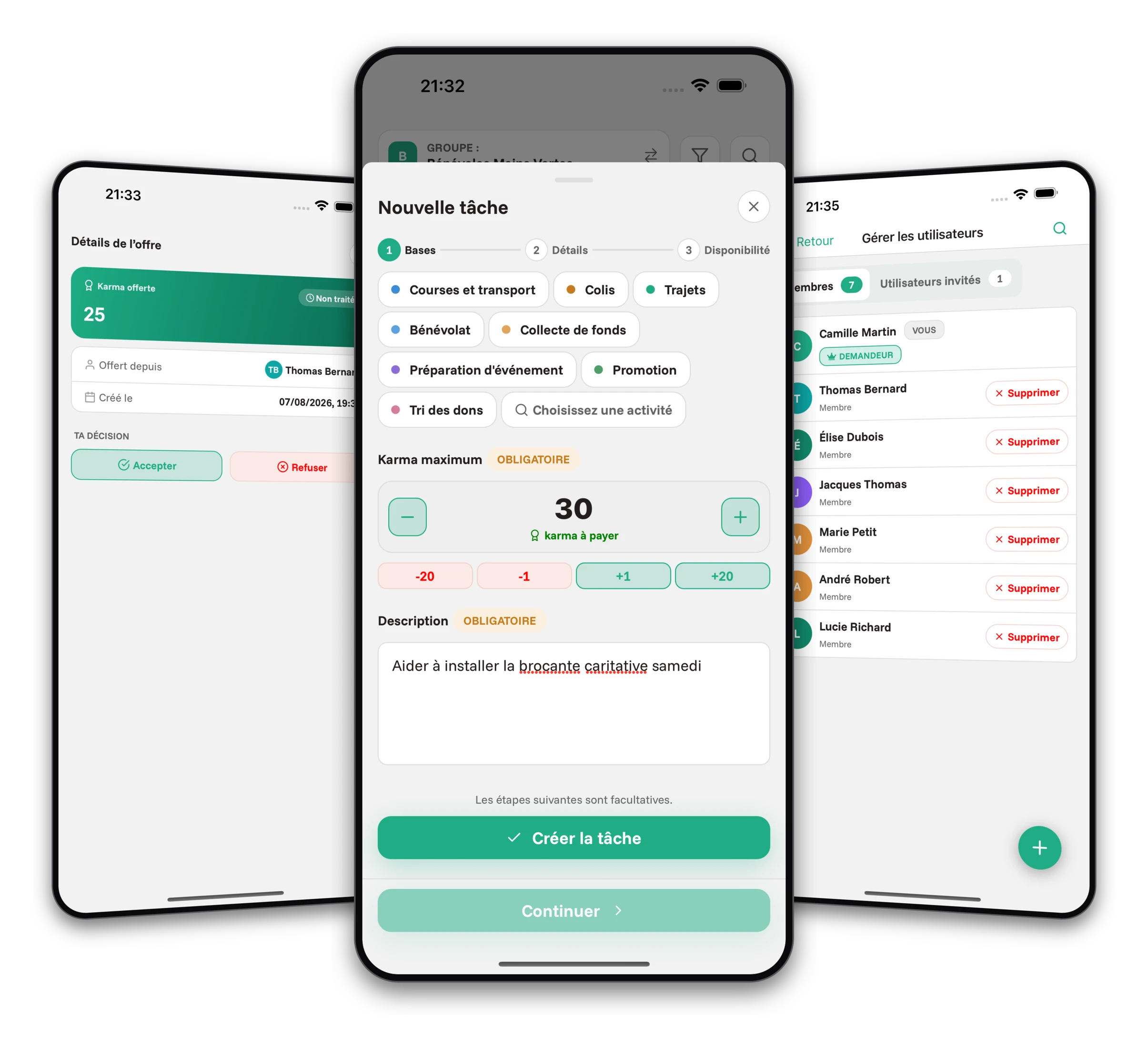 Captures d'écran de l'application Jobiro - Paiement des sympathisants via une monnaie virtuelle appelée karma.