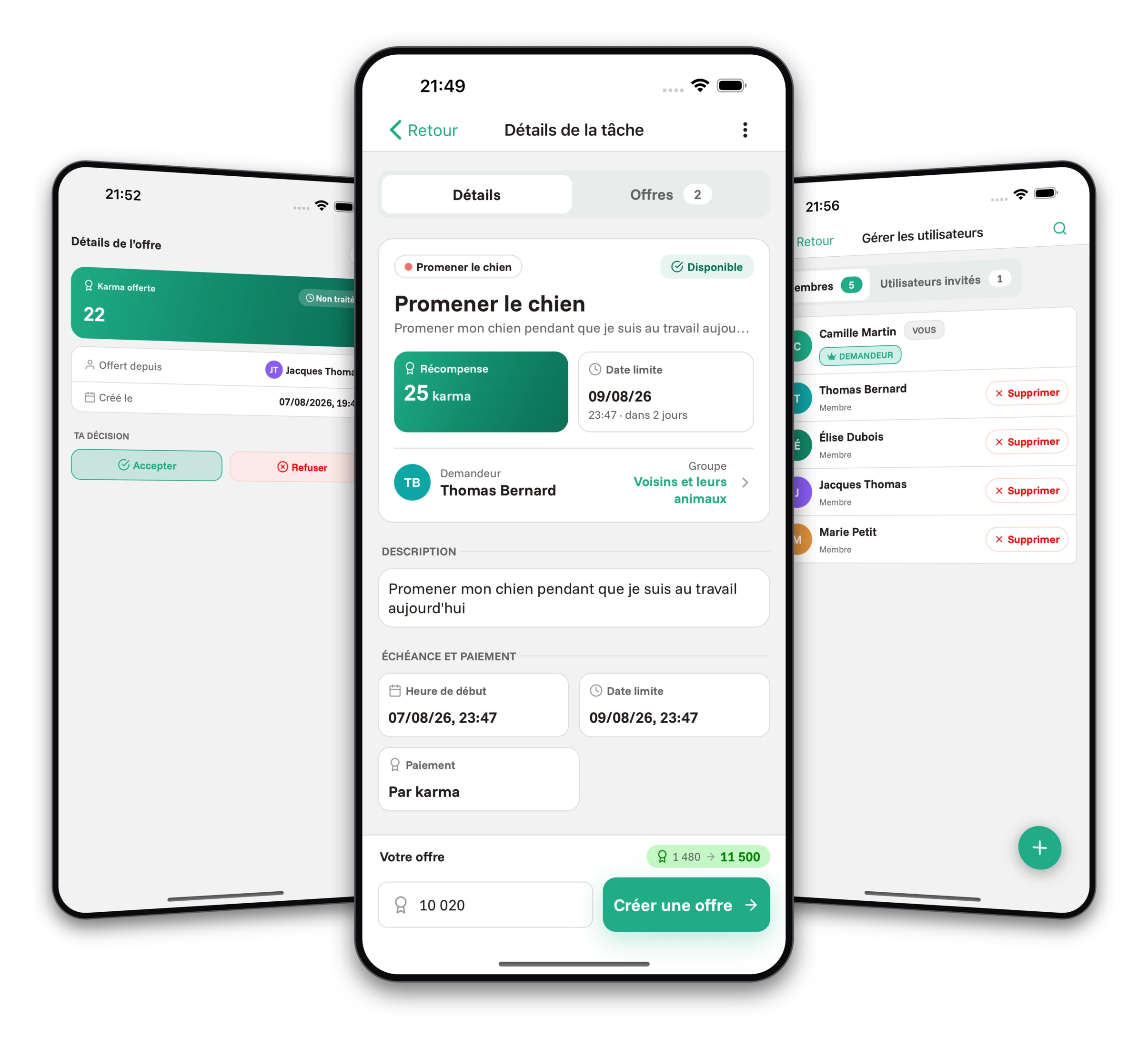 Captures d'écran de l'application Jobiro - Choix d'un exécutant en fonction des offres reçues.
