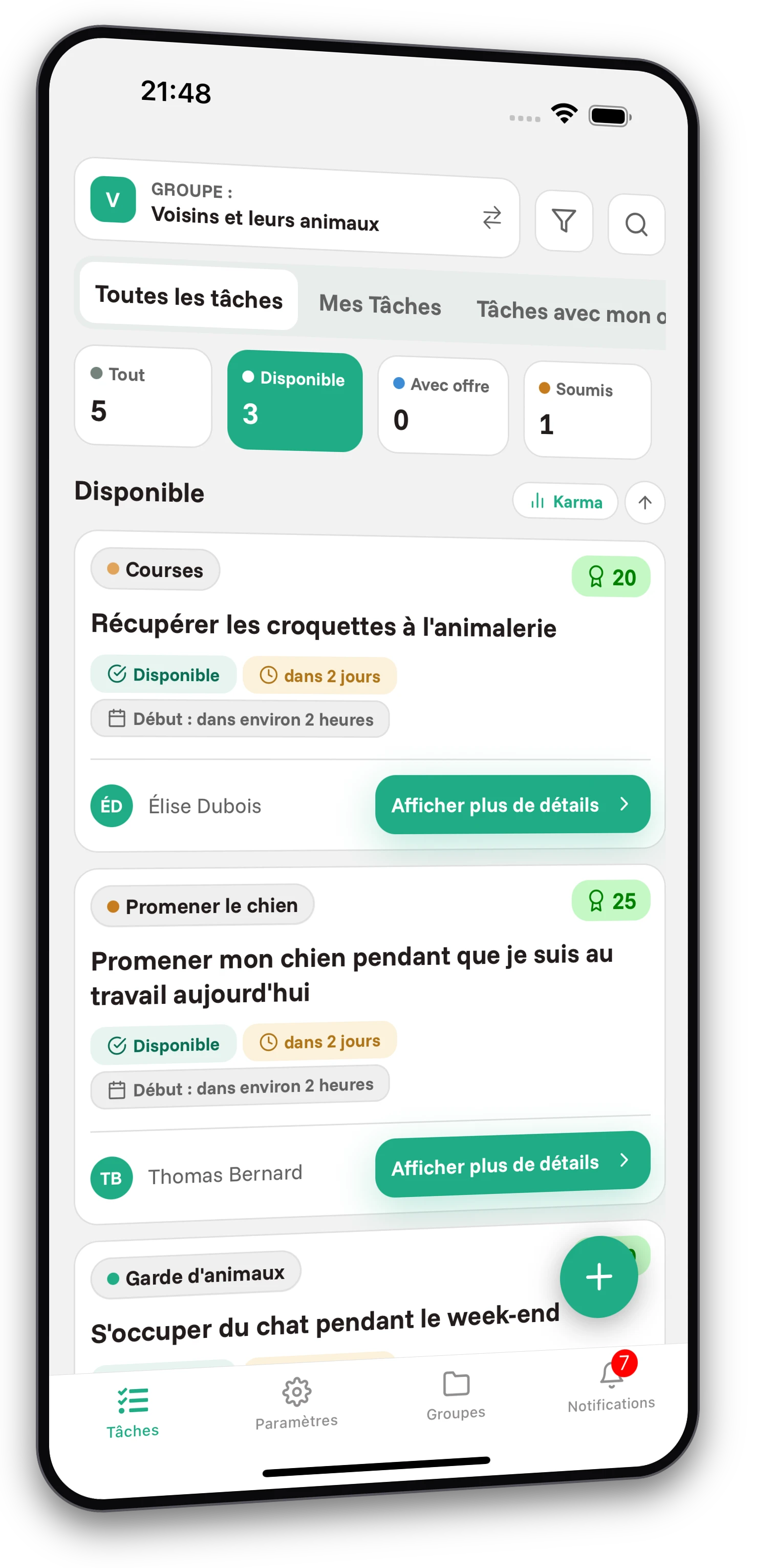 Ensemble de captures d'écran de l'application Jobiro - Aperçu des groupes privés pour les propriétaires d'animaux. - Screenshot 1