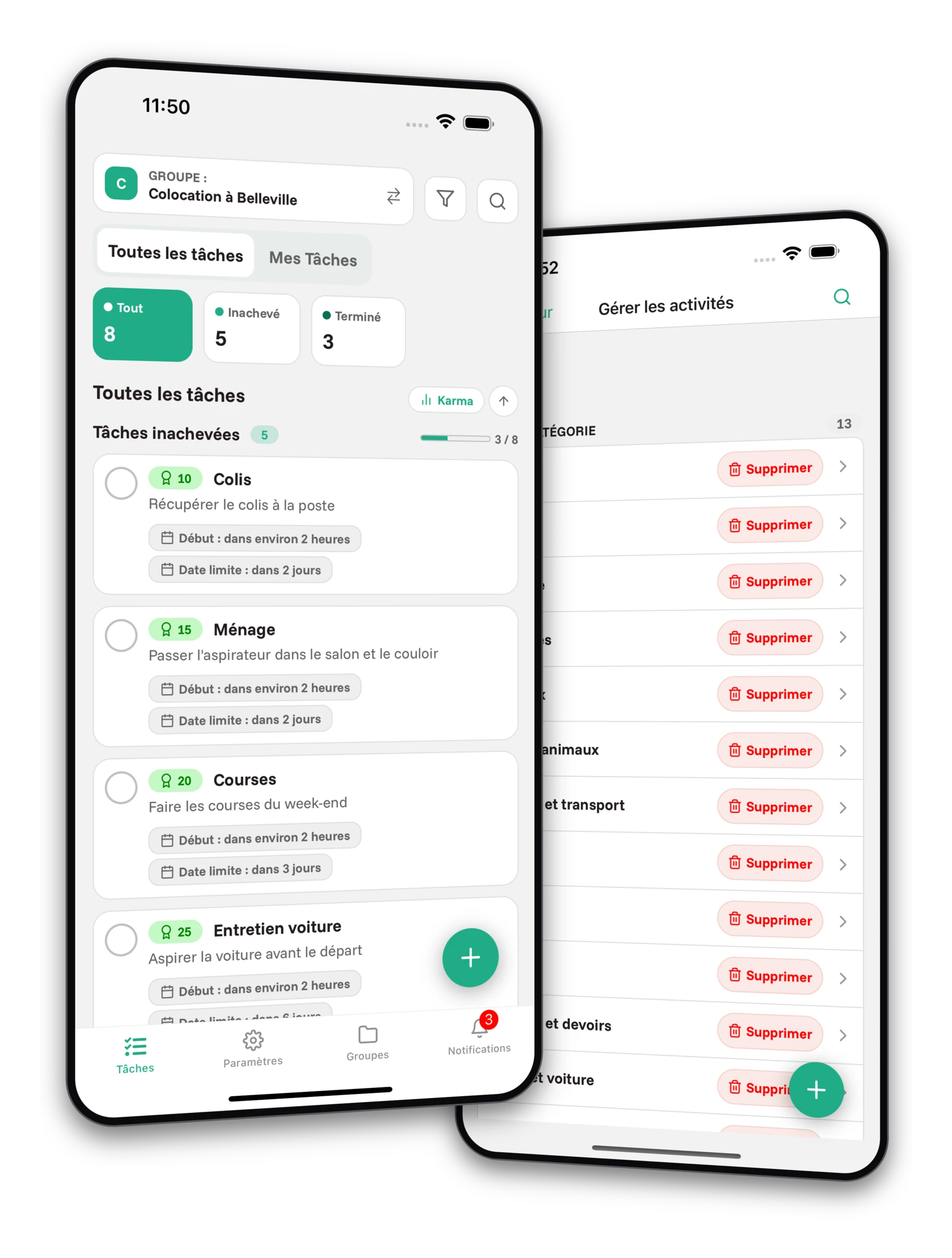 Ensemble de captures d'écran de l'application Jobiro - Aperçu des groupes privés pour les élèves de l'école primaire.