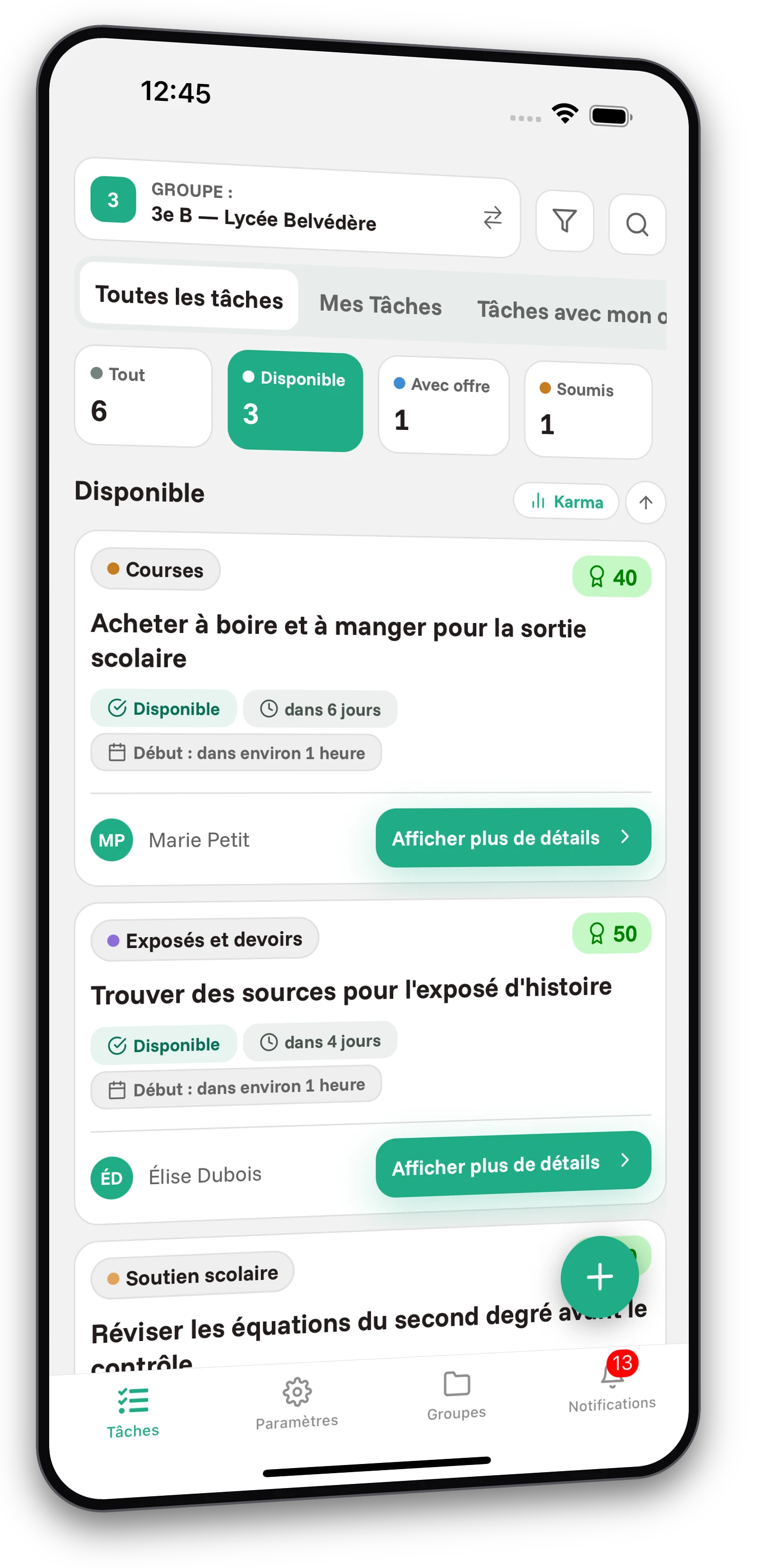 Ensemble de captures d'écran de l'application Jobiro - Aperçu des groupes privés pour les lycéens. - Screenshot 1
