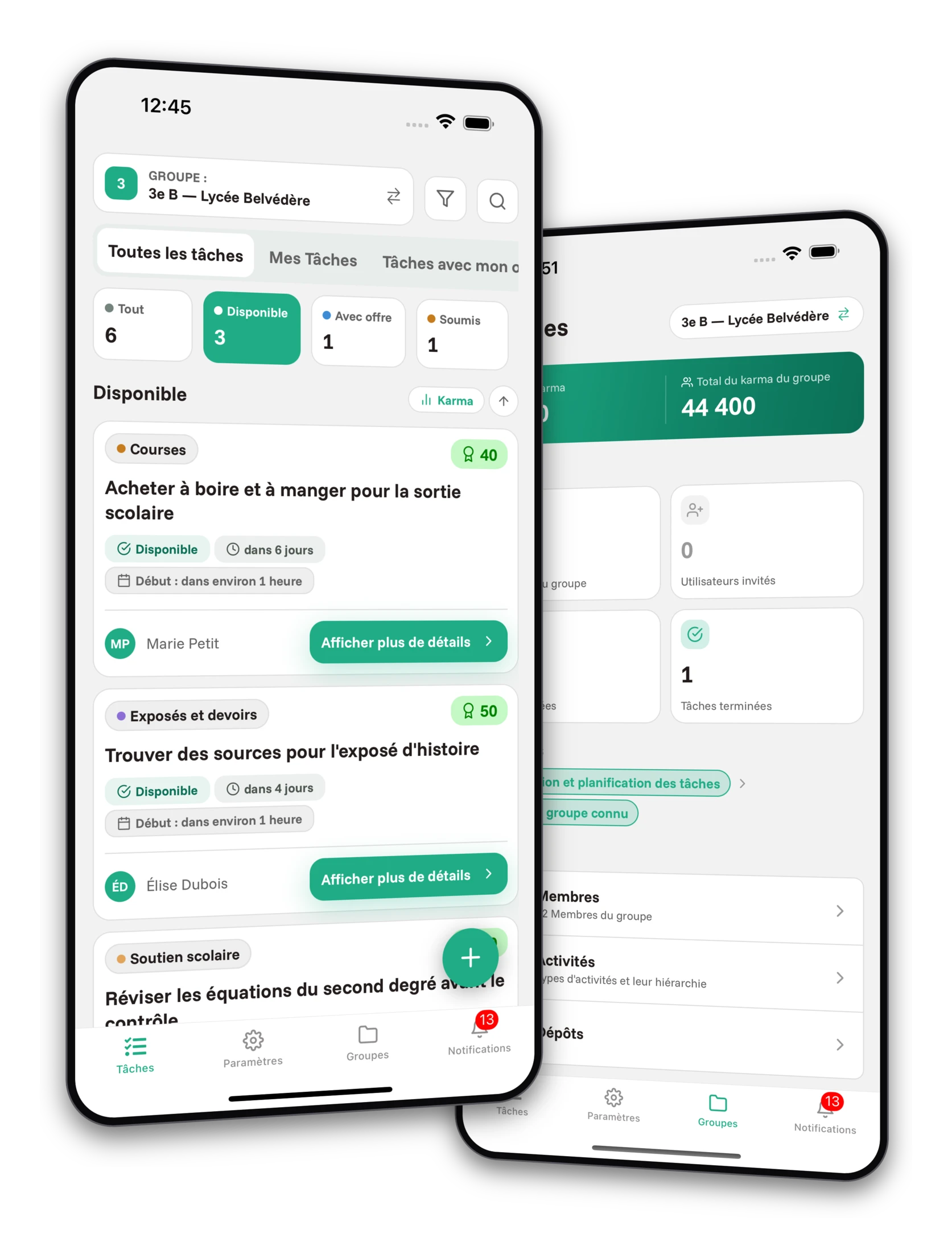 Ensemble de captures d'écran de l'application Jobiro - Aperçu des groupes privés pour les lycéens.