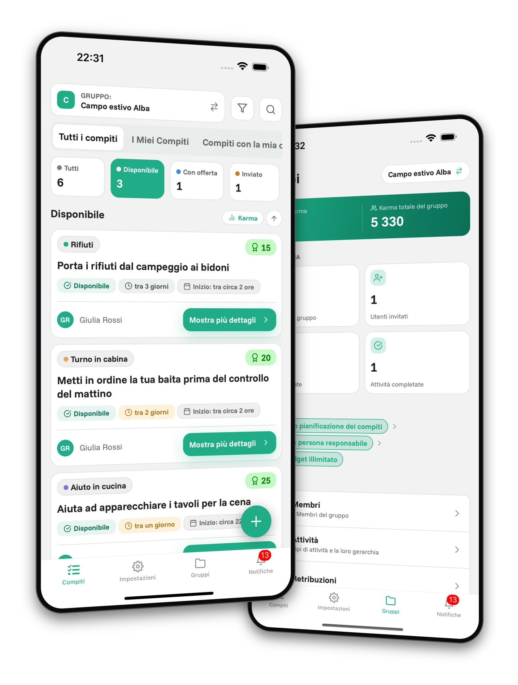 Set di screenshot dell'app Jobiro - Anteprima dei gruppi privati per gli organizzatori di campi.