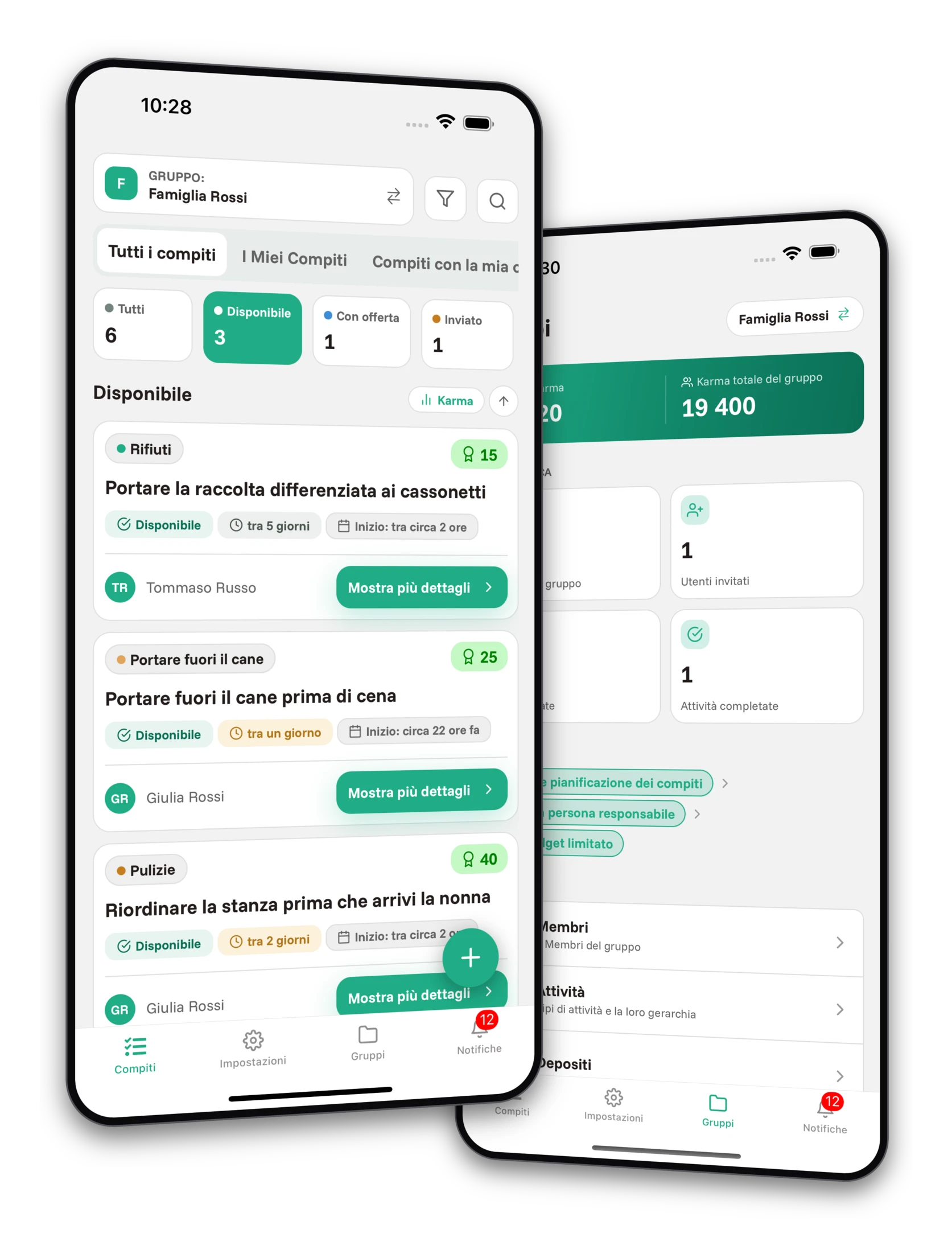 Set di screenshot dell'app Jobiro - Anteprima dei gruppi privati per le famiglie.