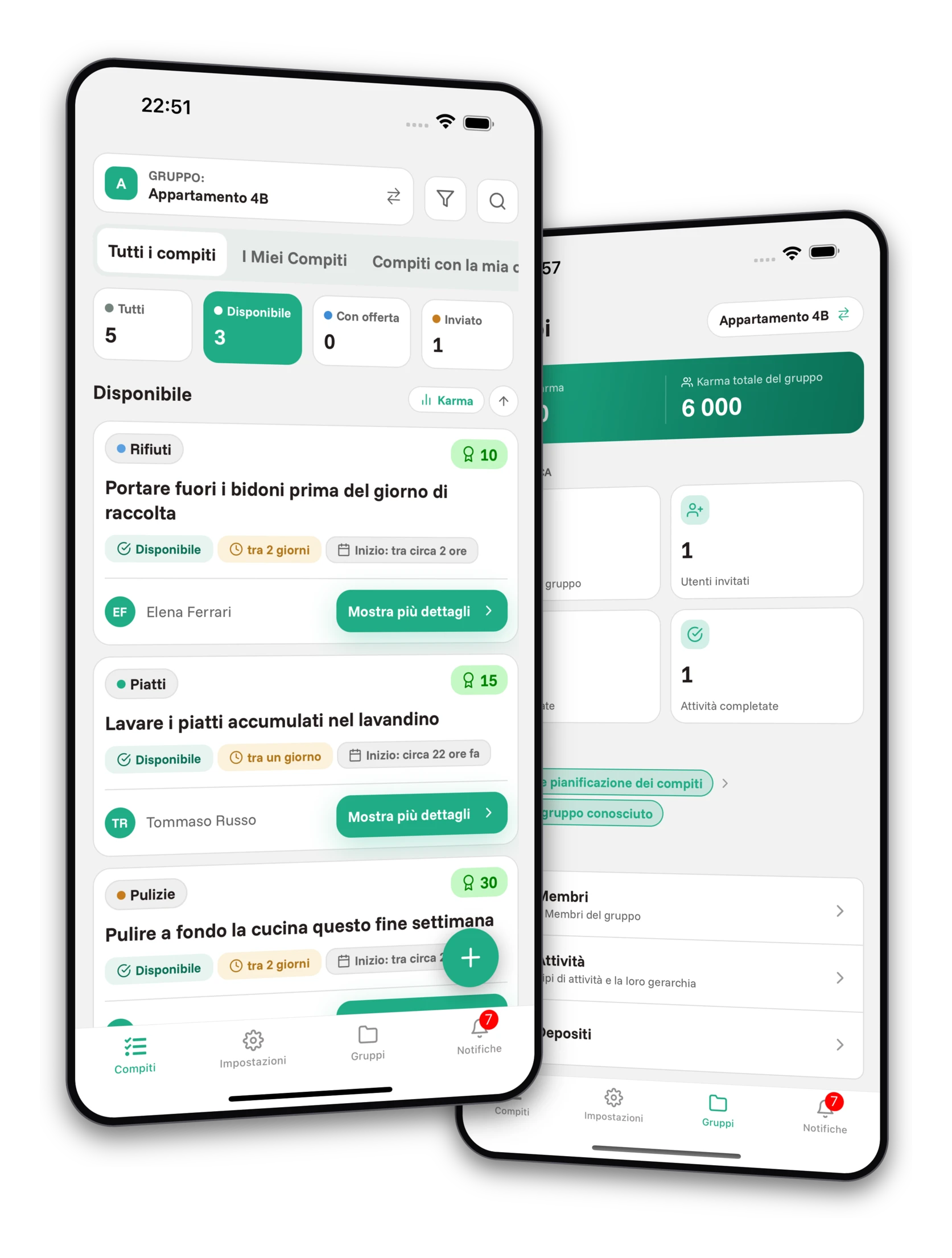 Set di screenshot dell'app Jobiro - Anteprima dei gruppi privati per i coinquilini.