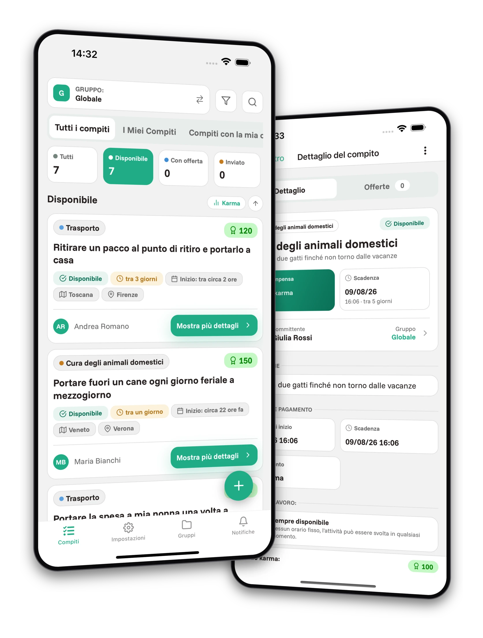 Set di screenshot dell'app Jobiro - Anteprima dei gruppi privati.