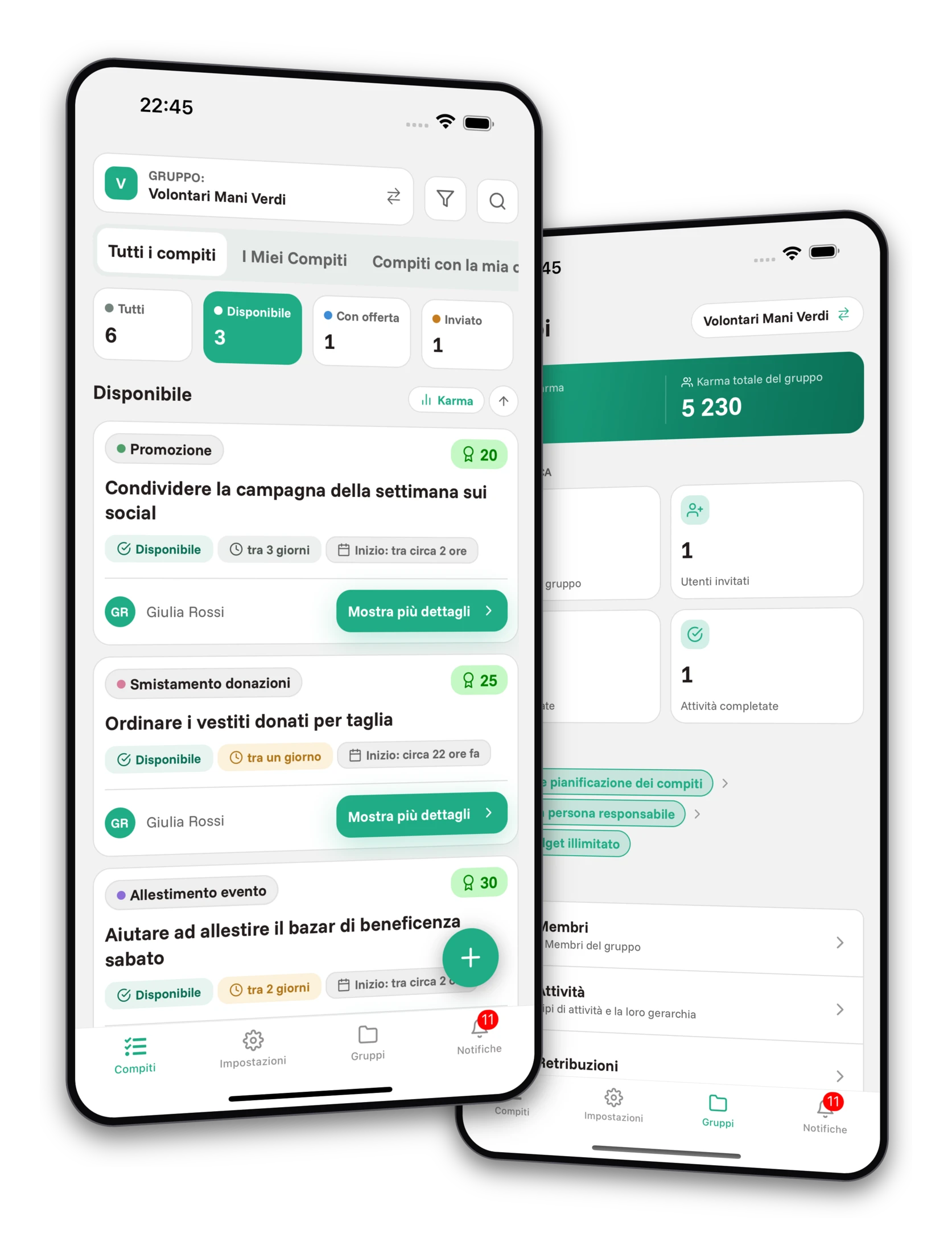 Set di screenshot dell'app Jobiro - Anteprima dei gruppi privati per le organizzazioni non profit.