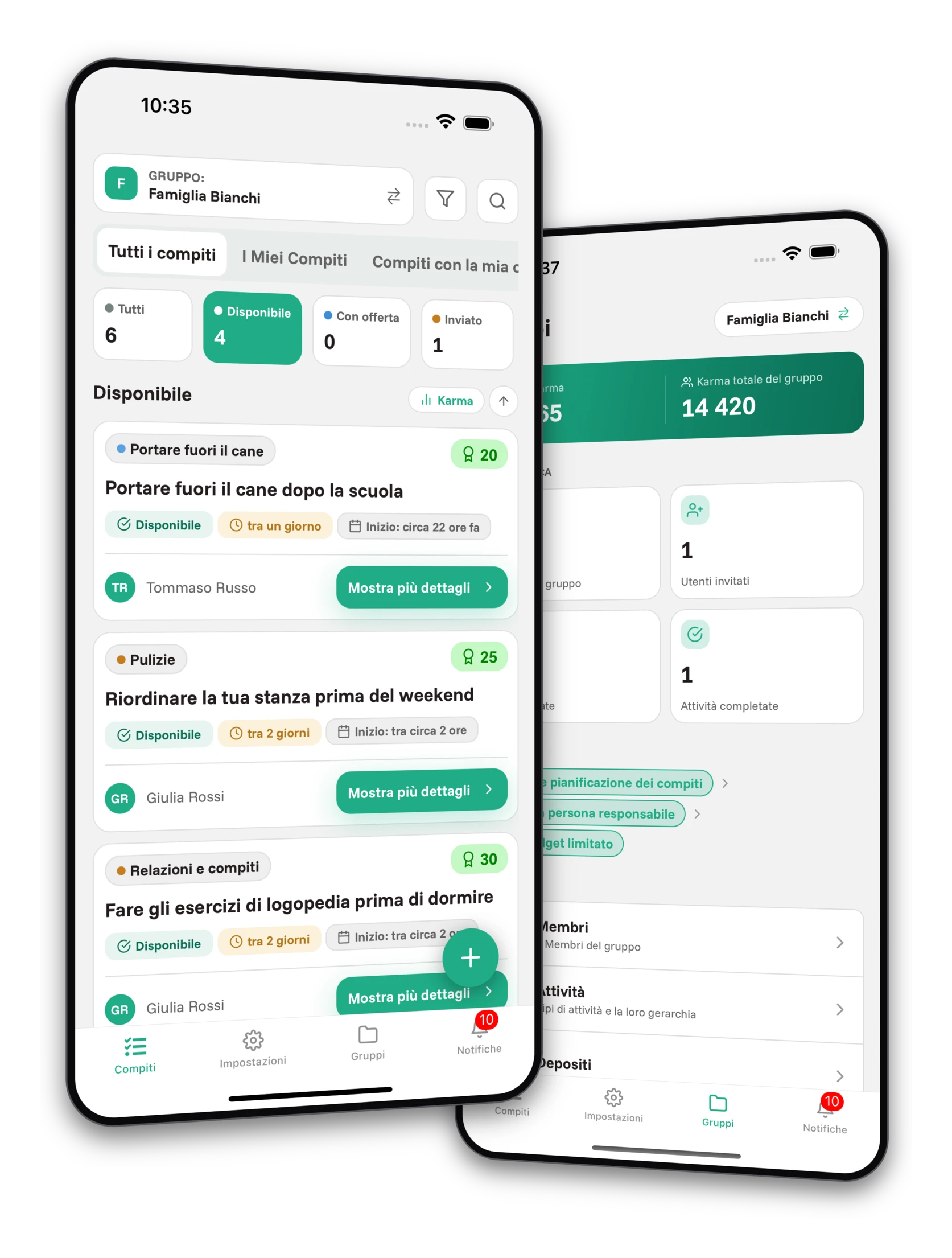 Set di screenshot dell'app Jobiro - Anteprima dei gruppi privati per i genitori.