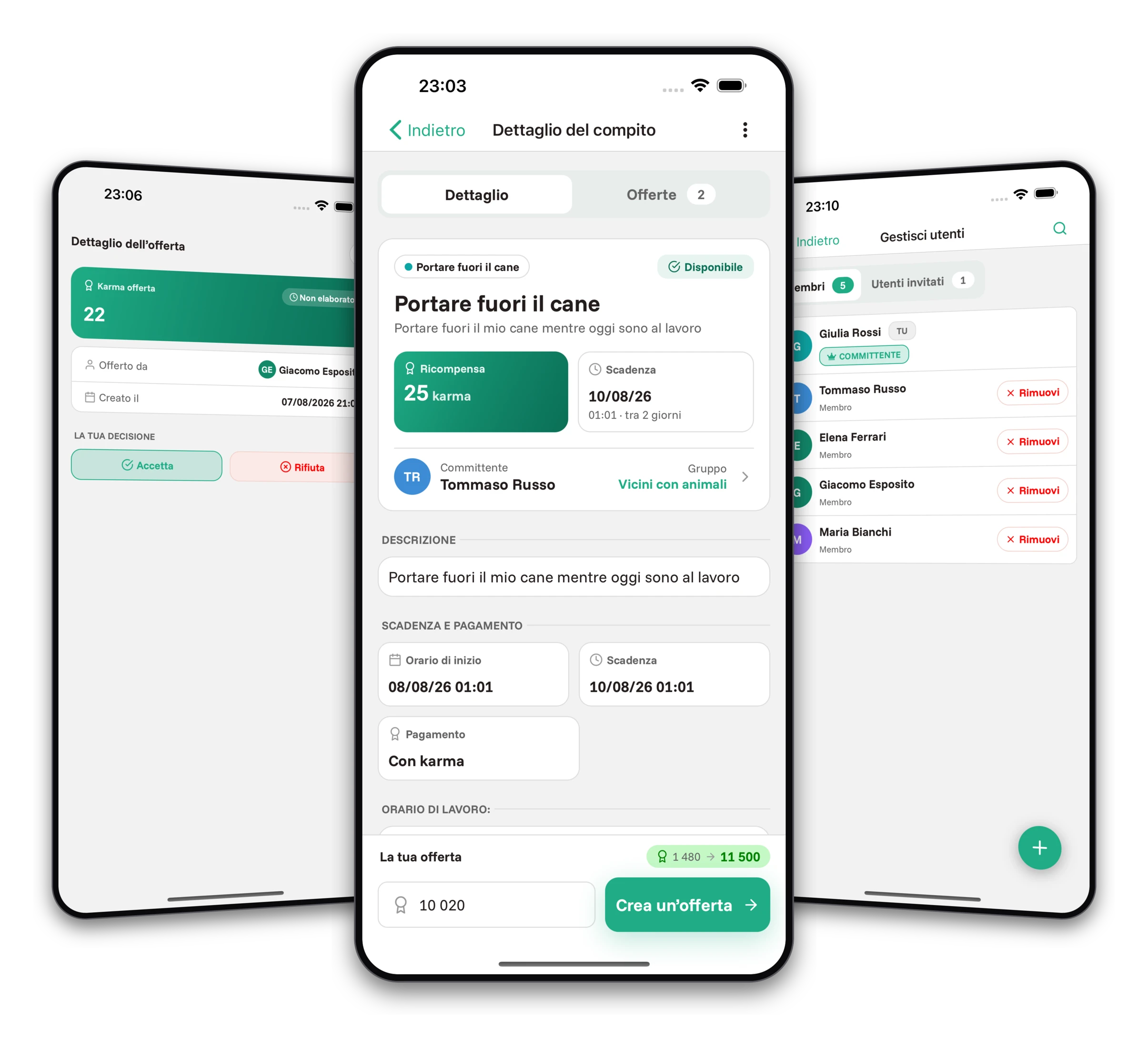 Screenshot dell'app Jobiro - Scelta dell'esecutore dell'attività in base alle offerte ricevute.