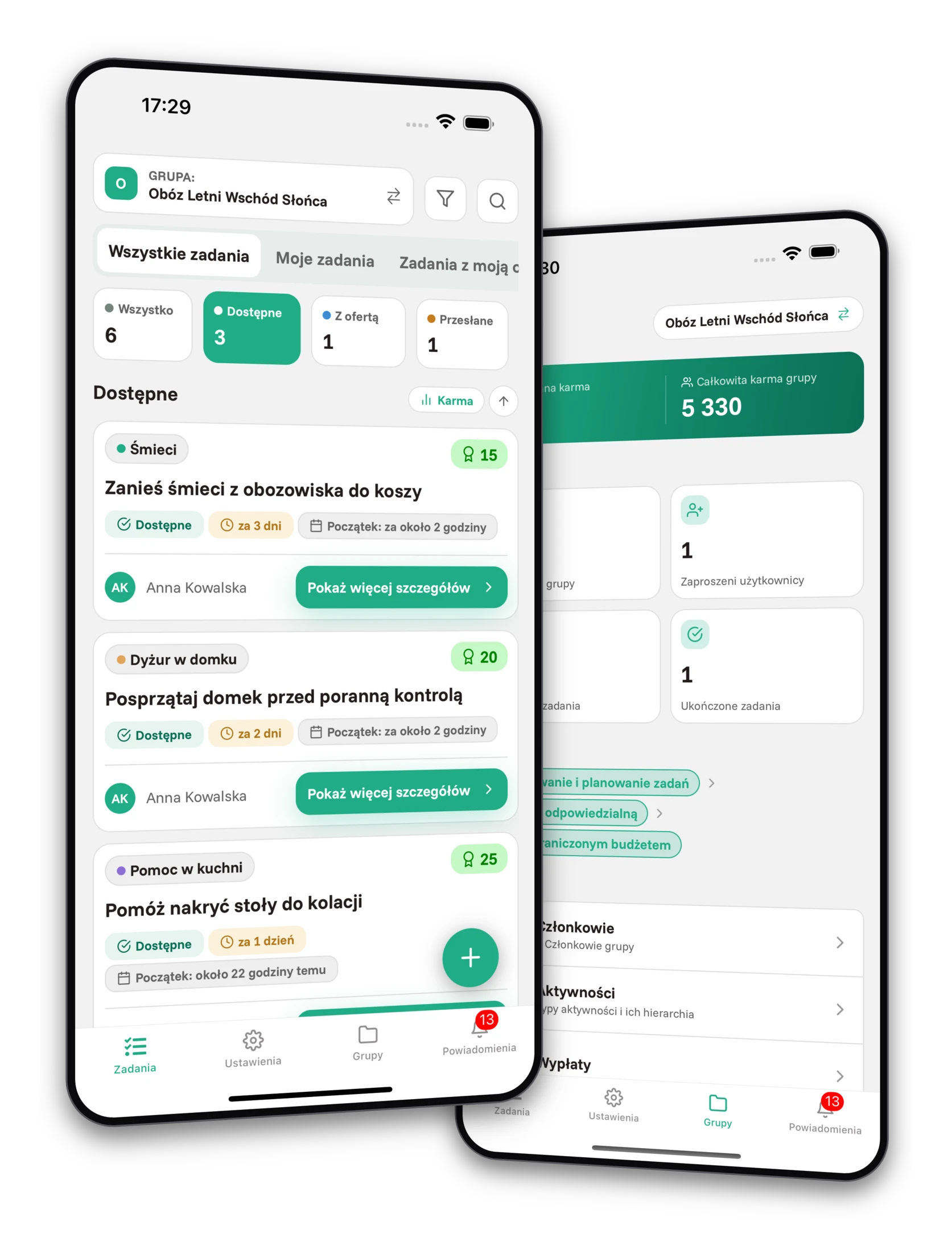 Zestaw screenshotów aplikacji Jobiro - Podgląd prywatnych grup dla organizatorów obozów.