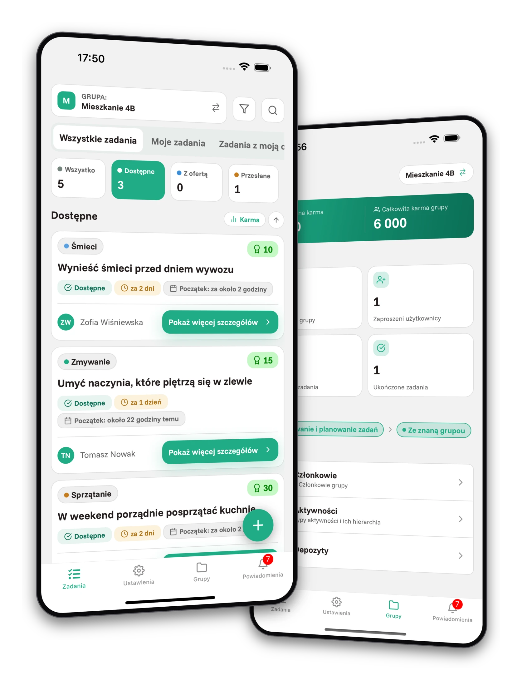 Zestaw screenshotów aplikacji Jobiro - Podgląd prywatnych grup dla współlokatorów.