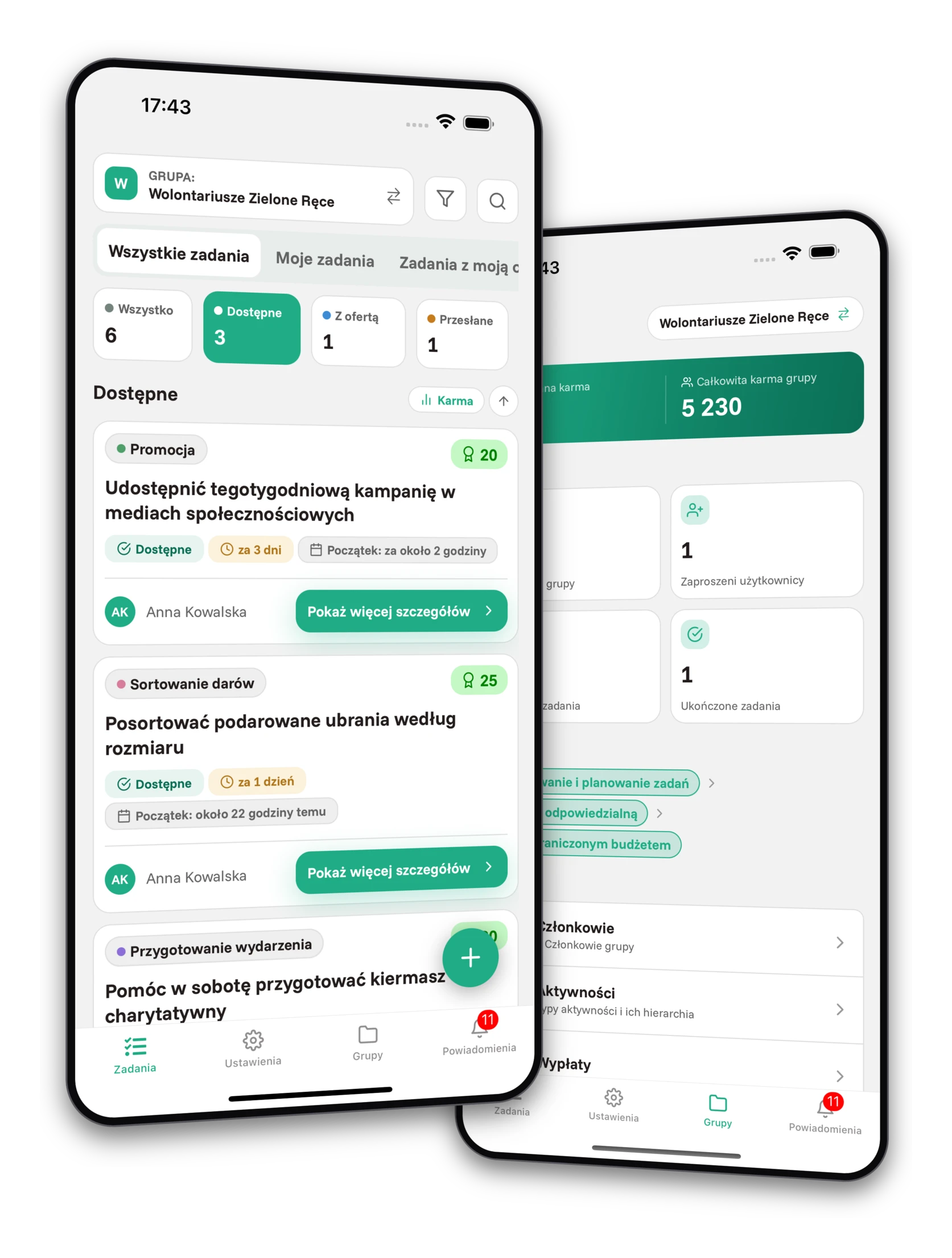 Zestaw screenshotów aplikacji Jobiro - Podgląd prywatnych grup dla organizacji pozarządowych.